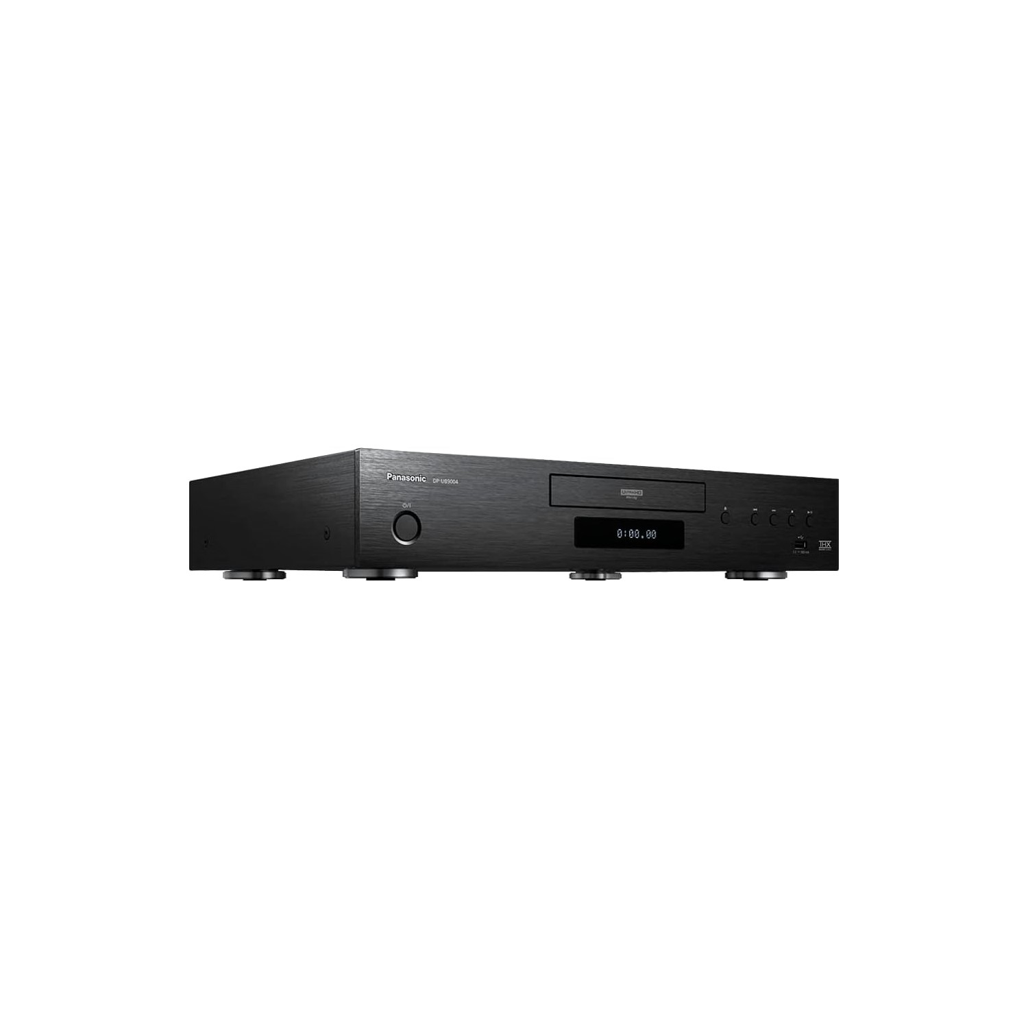 Lettore DVD nero con display che mostra l'ora, pulsanti e sfondo bianco.