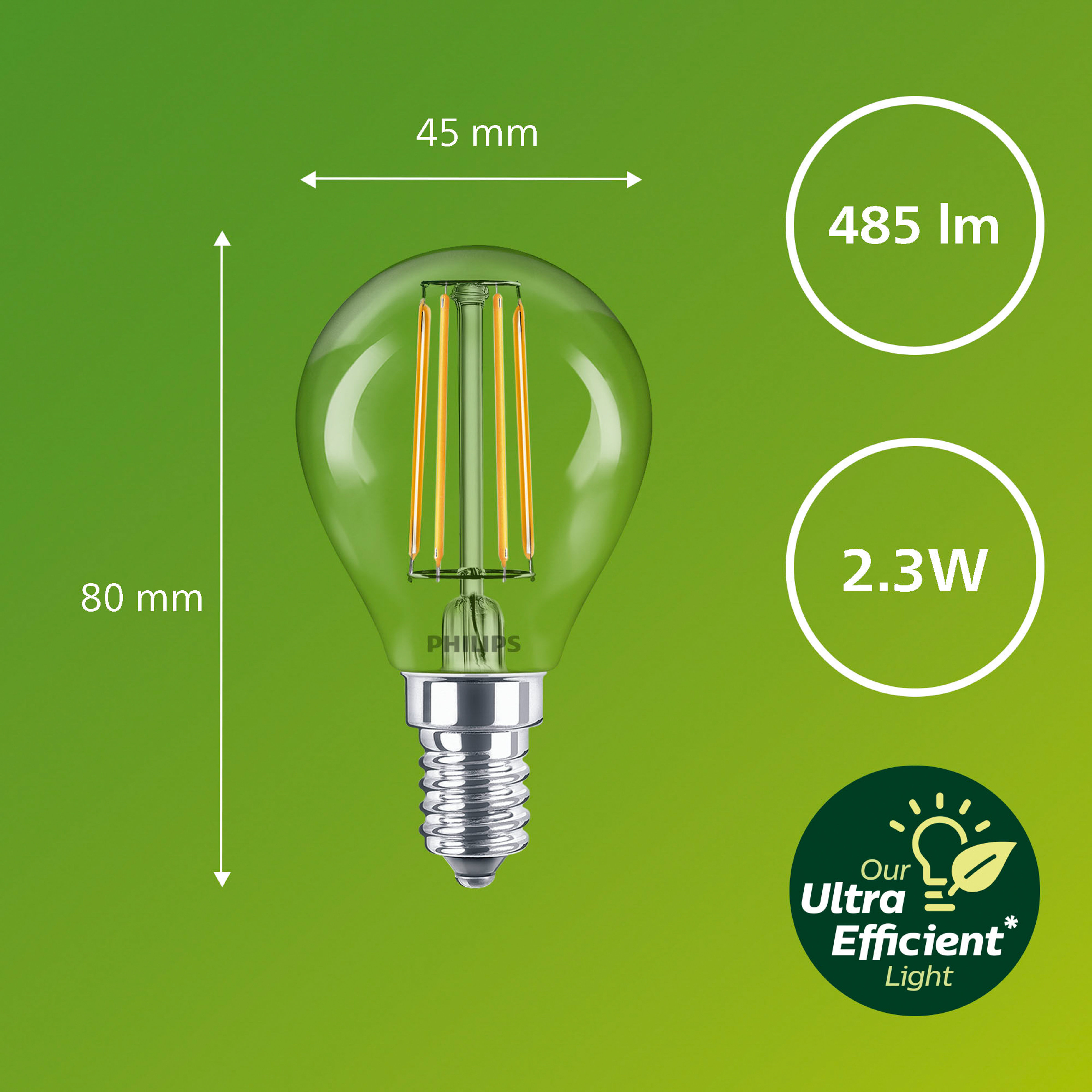 Une ampoule LED transparente avec dimensions : 80 mm de hauteur et 45 mm de largeur. Elle a un socle argenté.
