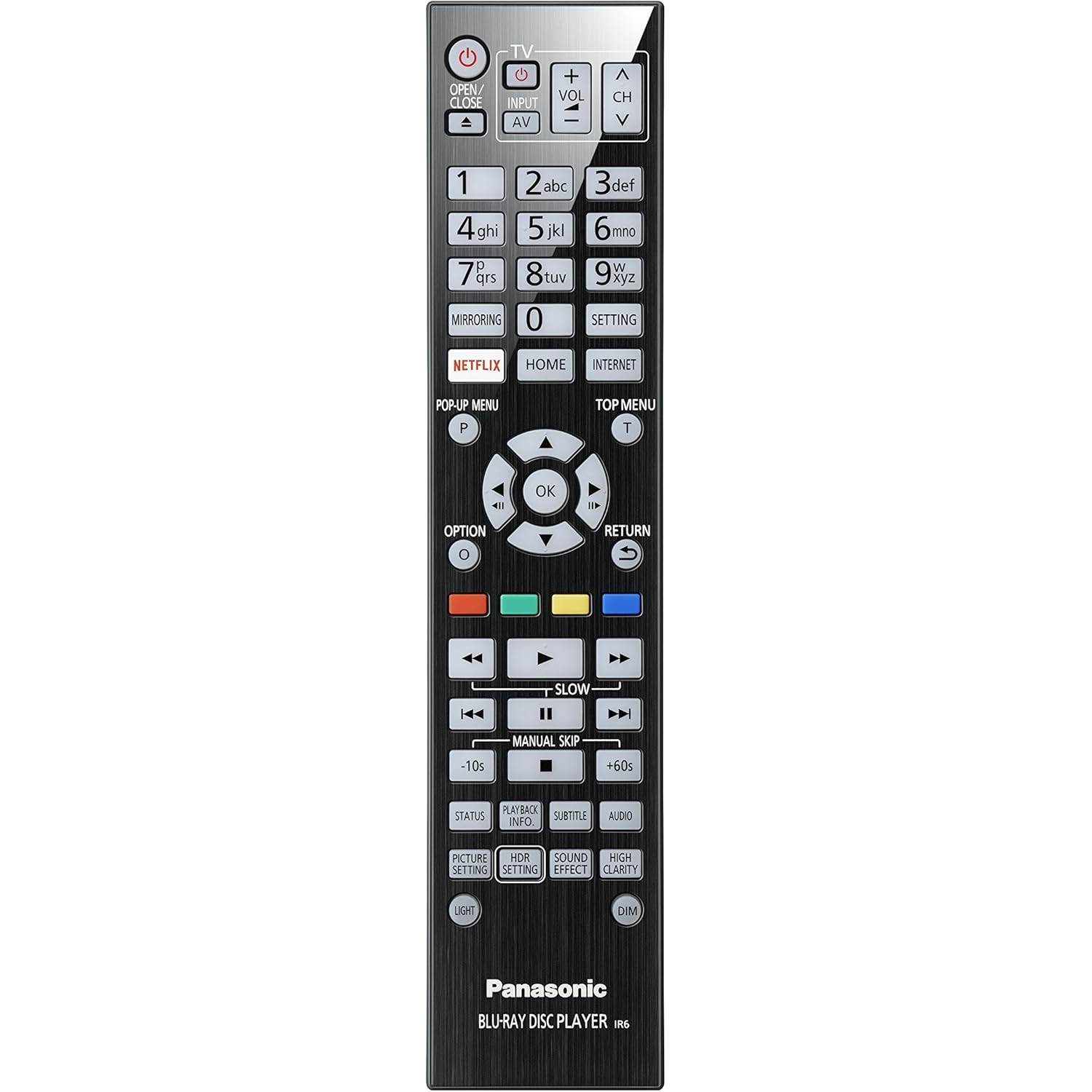 Telecomando nero del lettore Blu-ray Disc Panasonic, con vari pulsanti per le funzioni.