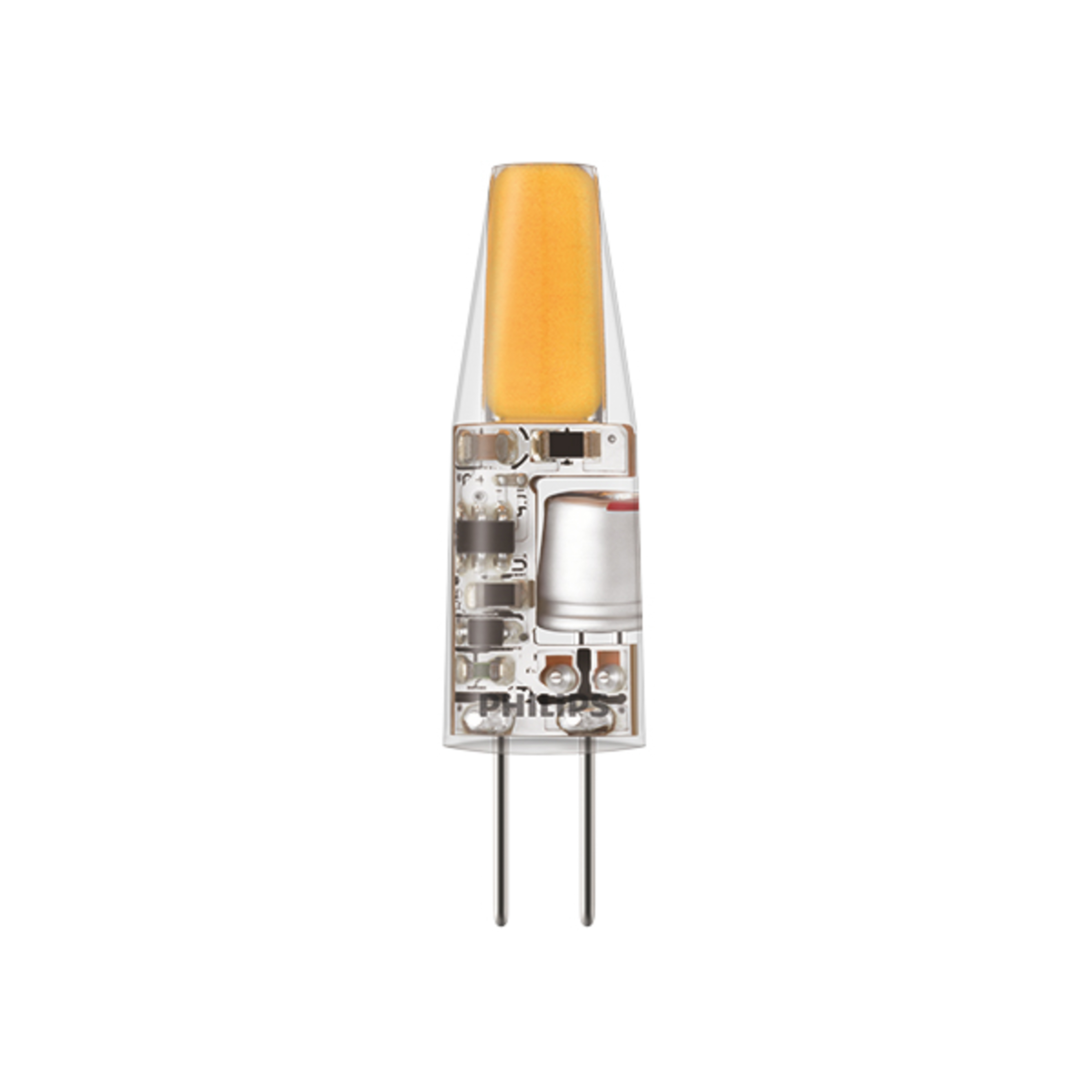 Gros plan d'une petite ampoule LED. Elle possède deux broches, un dessus jaune et des composants internes.