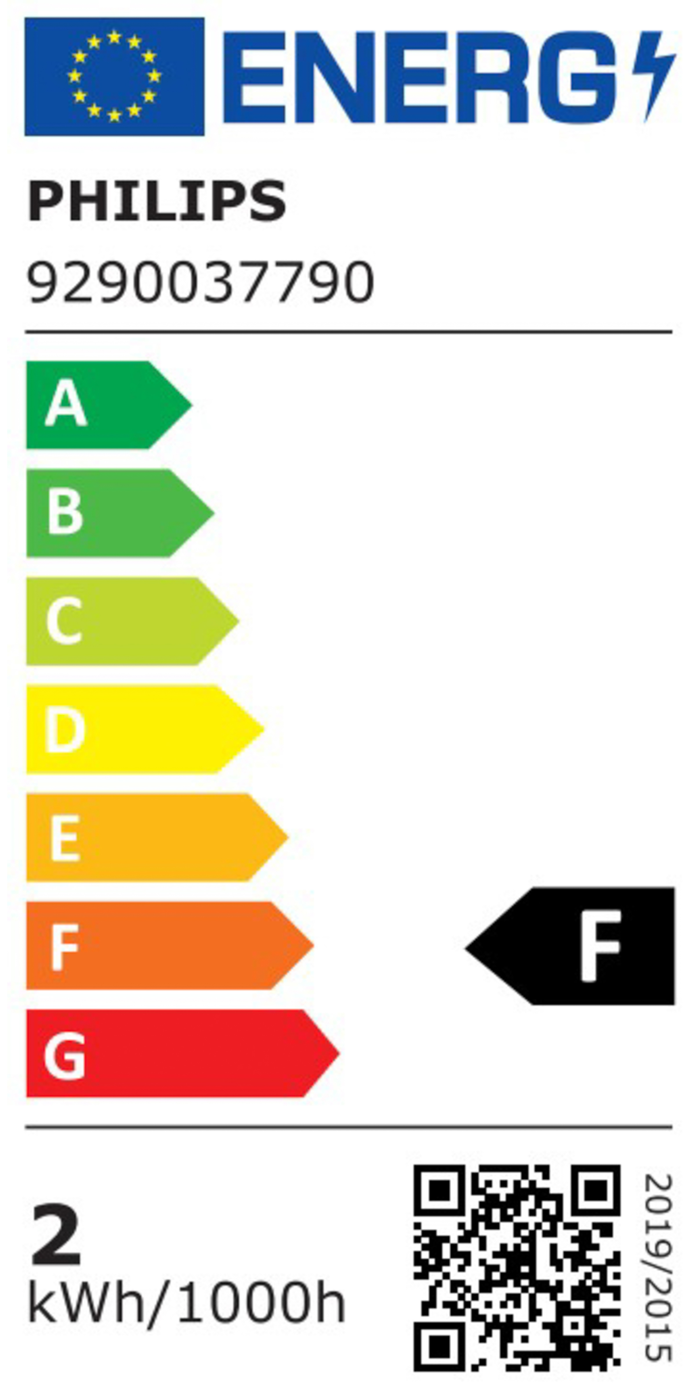 Étiquette d'efficacité énergétique pour une ampoule PHILIPS, montrant la classe énergétique F et un code QR.