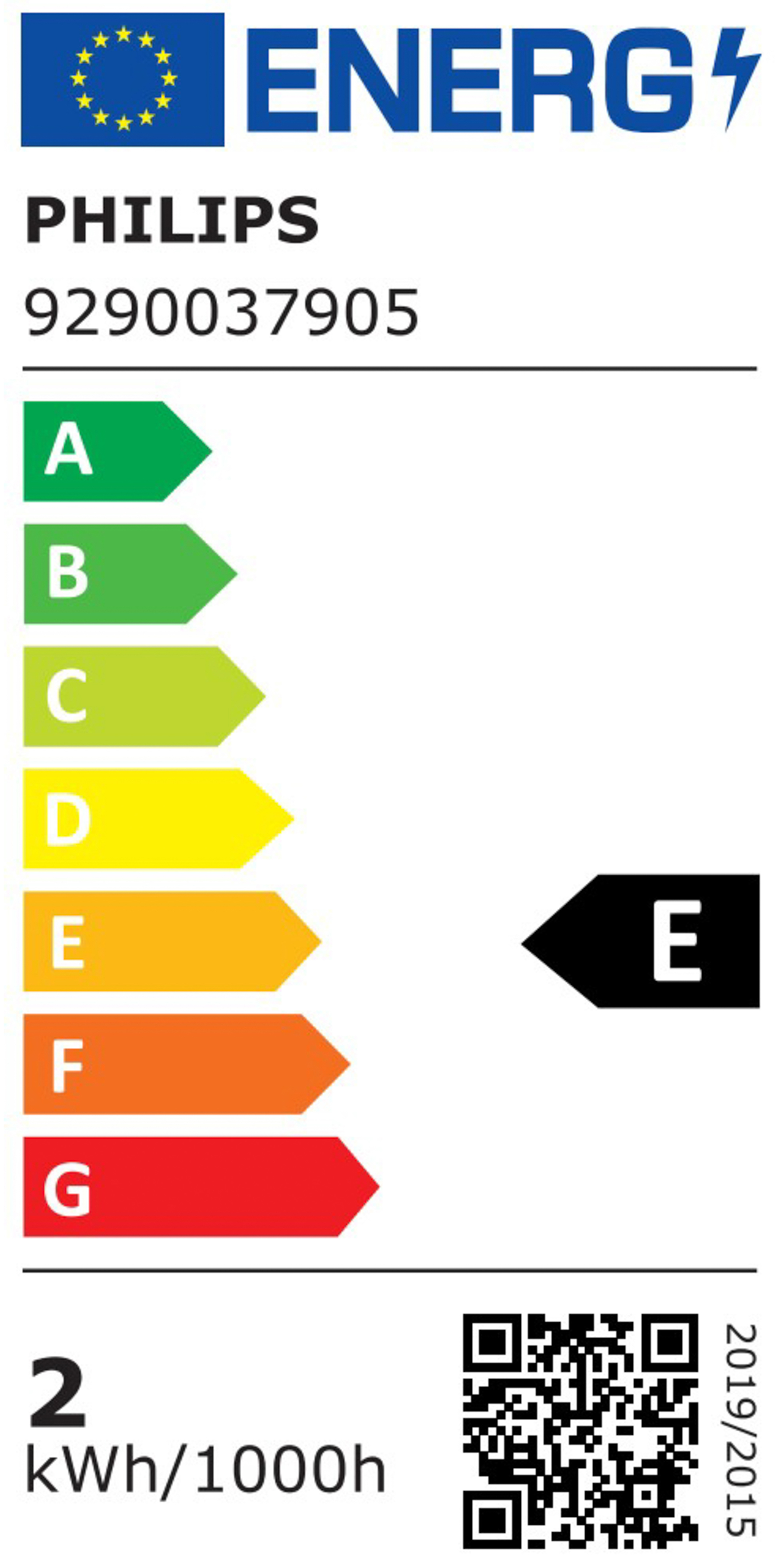 Étiquette d'efficacité énergétique pour un produit Philips. Elle affiche une note E, avec un code QR et d'autres détails.