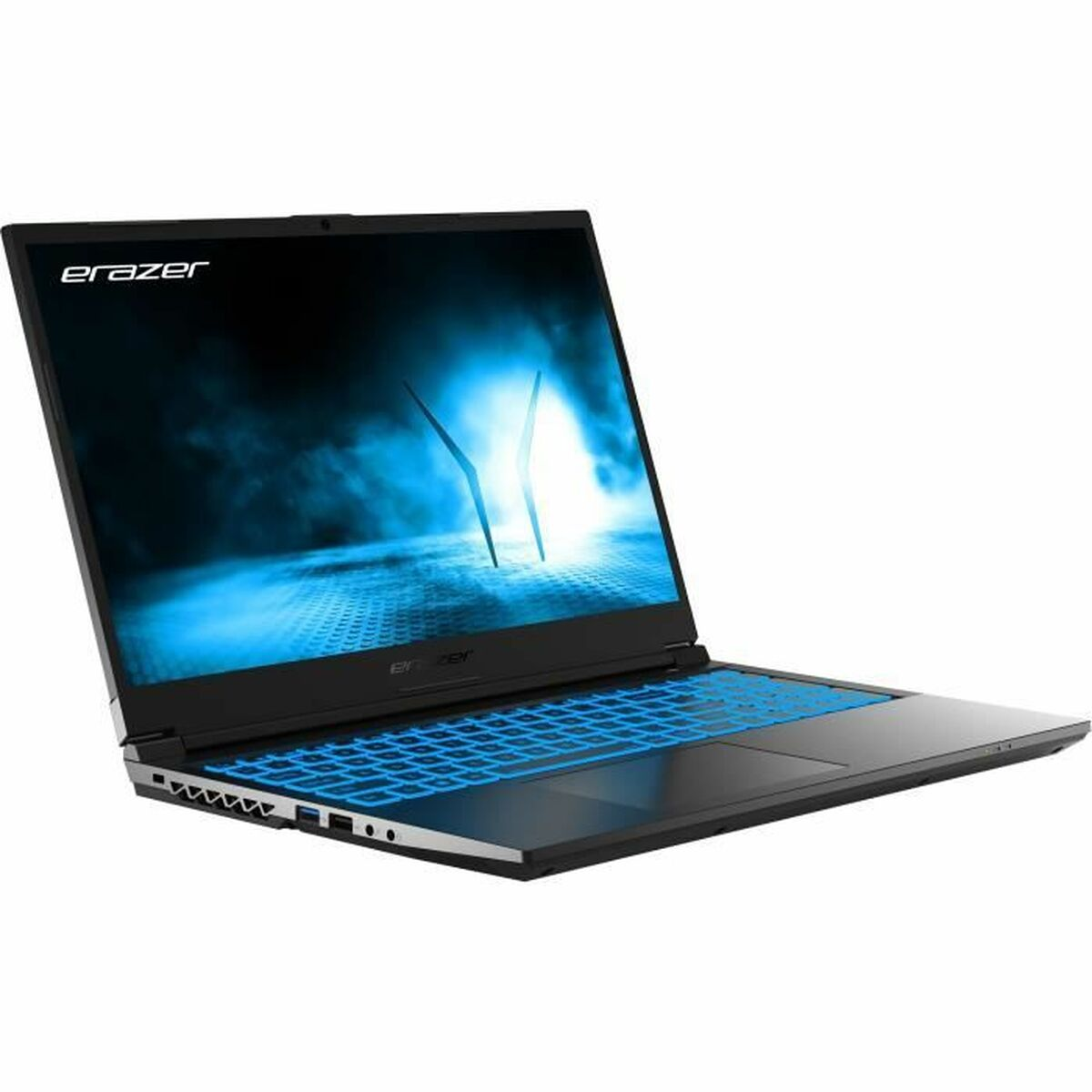Laptop da gaming, nero con tastiera retroilluminata blu. Schermo con grafica blu. Vista angolata.