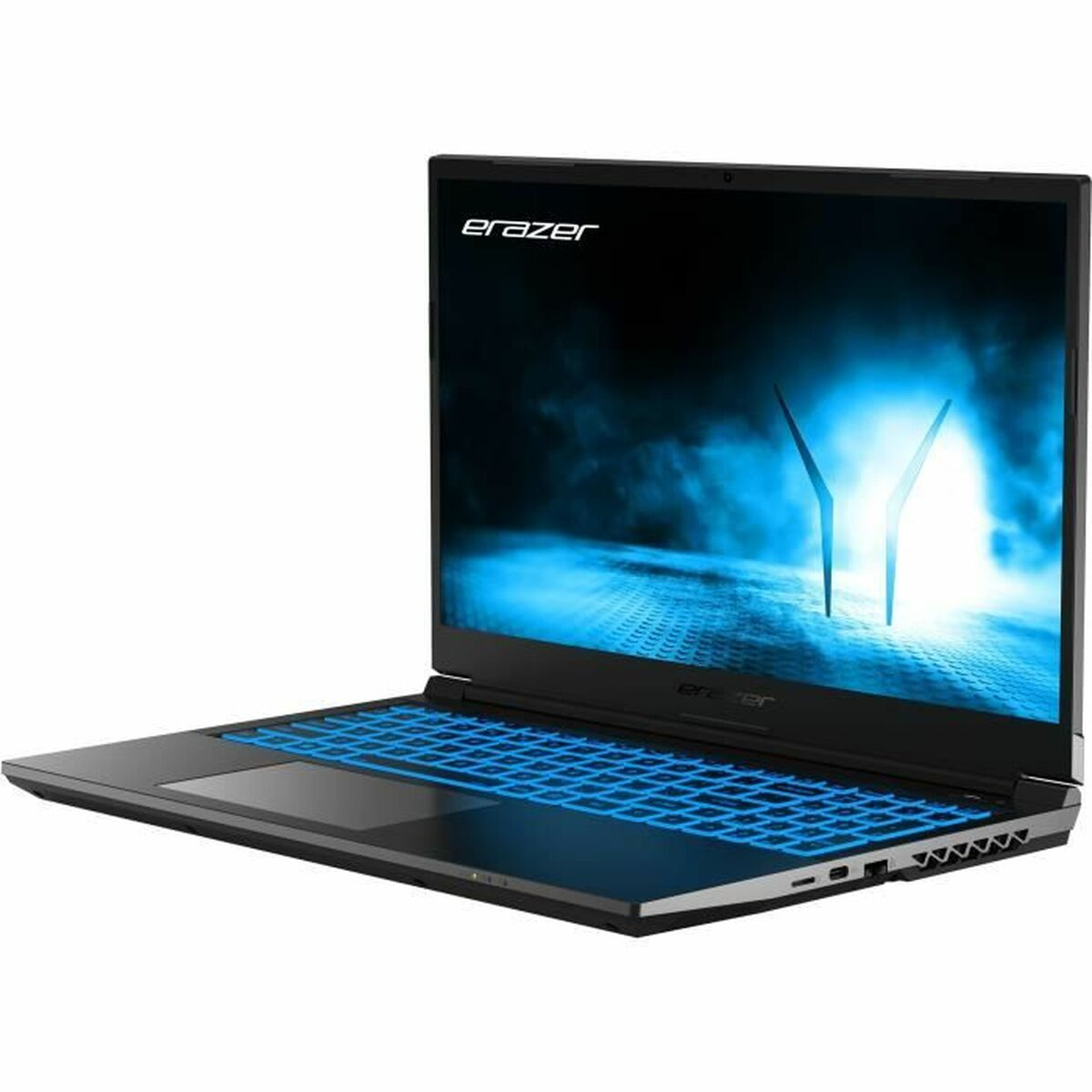 Laptop Erazer nero e blu con lo schermo che mostra un'immagine astratta blu.