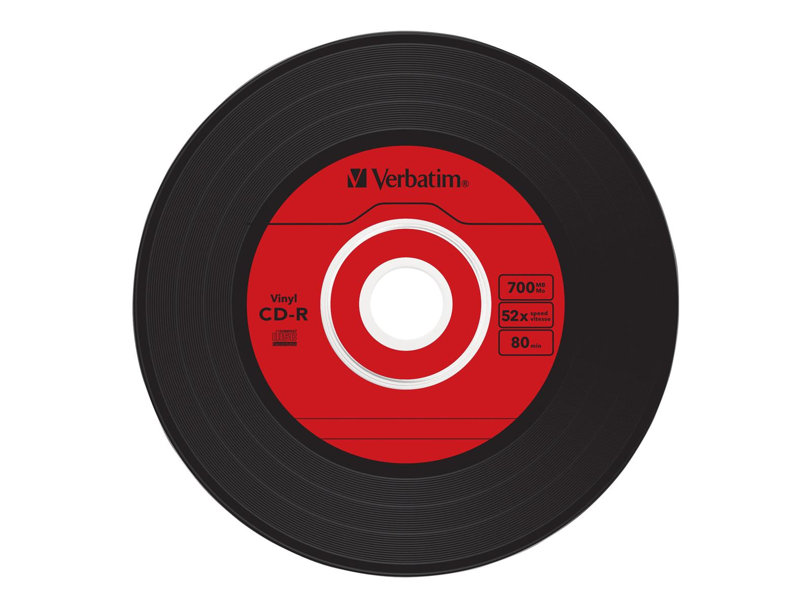 CD-R w kształcie płyty winylowej z czerwoną etykietą i białym tekstem.