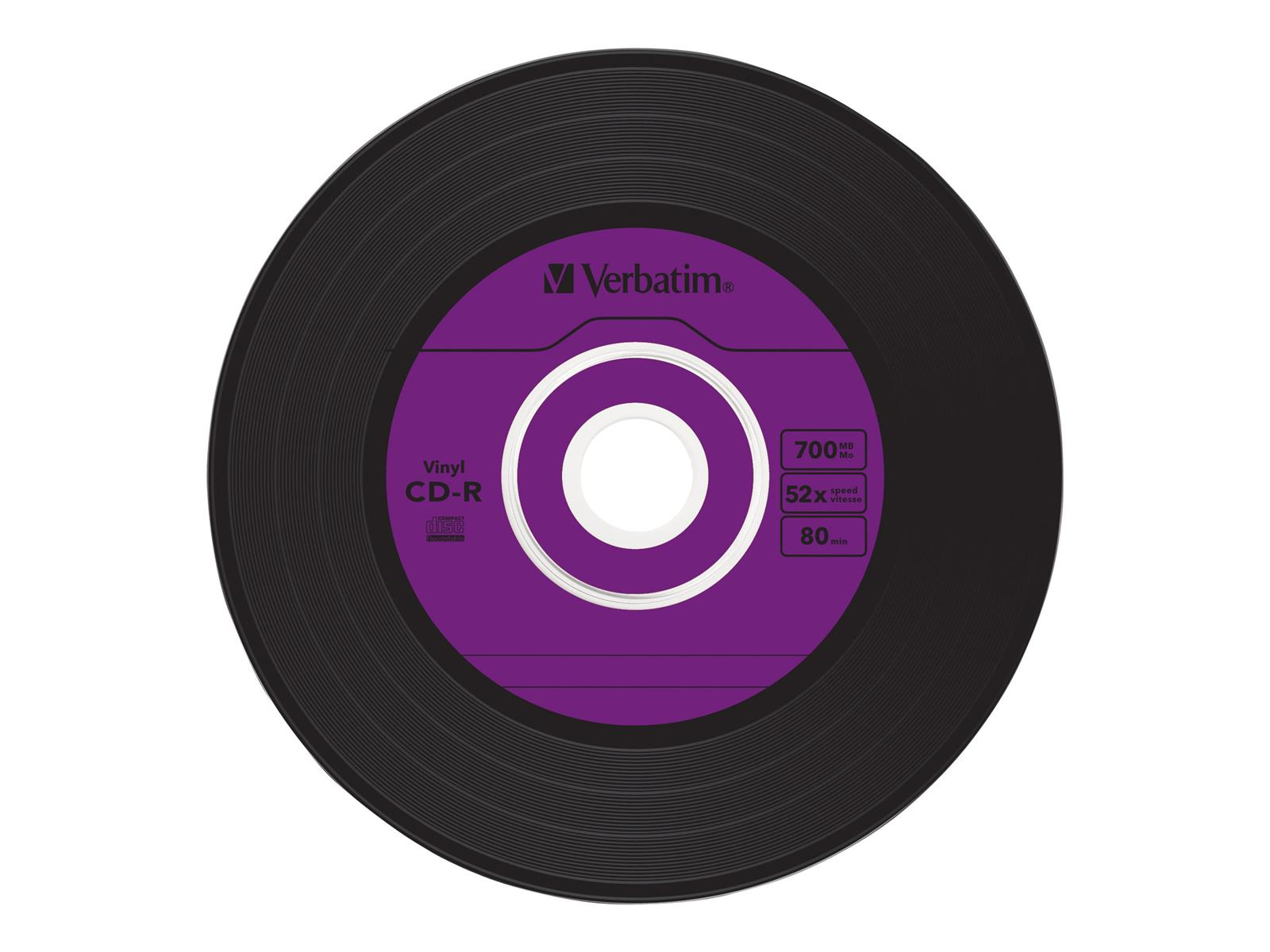 Płyta CD-R winylowa. Czarna z fioletowym środkiem, białym pierścieniem i logo Verbatim.