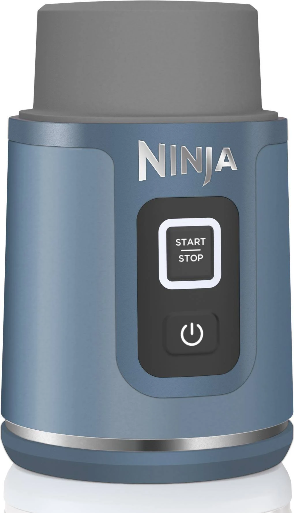 Base de blender Ninja bleue avec un dessus gris et un bouton marche/arrêt, bouton d'alimentation visible.
