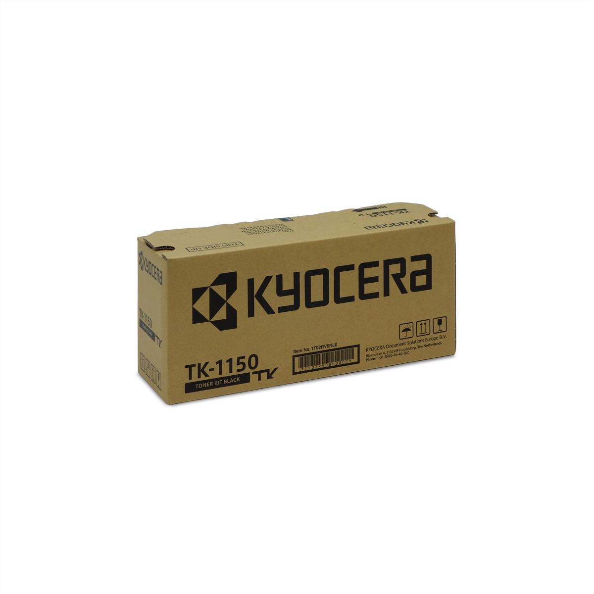 Scatola di cartone per kit toner nero Kyocera TK-1150, con dettagli e loghi.