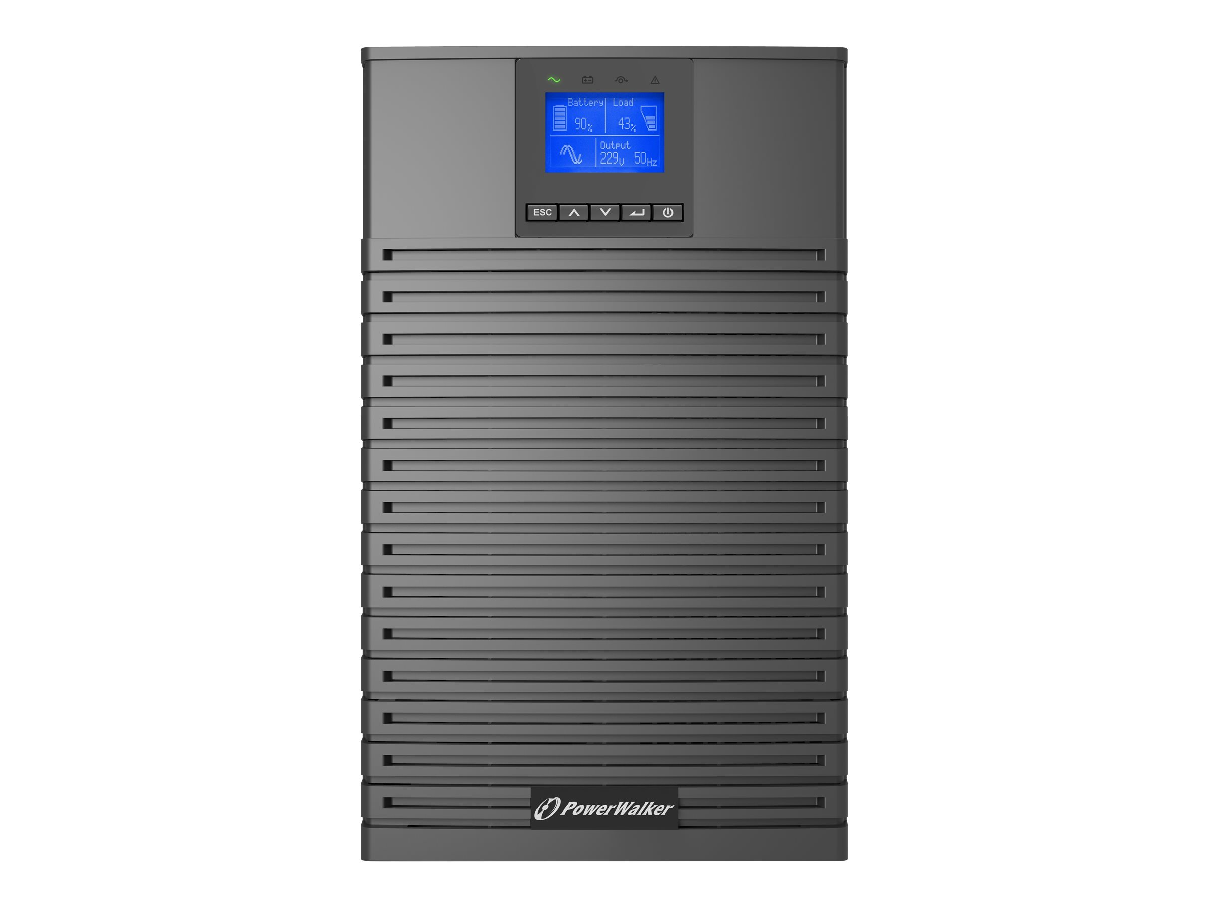 Schwarze Rackmount-USV mit Display, das Batterieladung und Ausgang anzeigt.