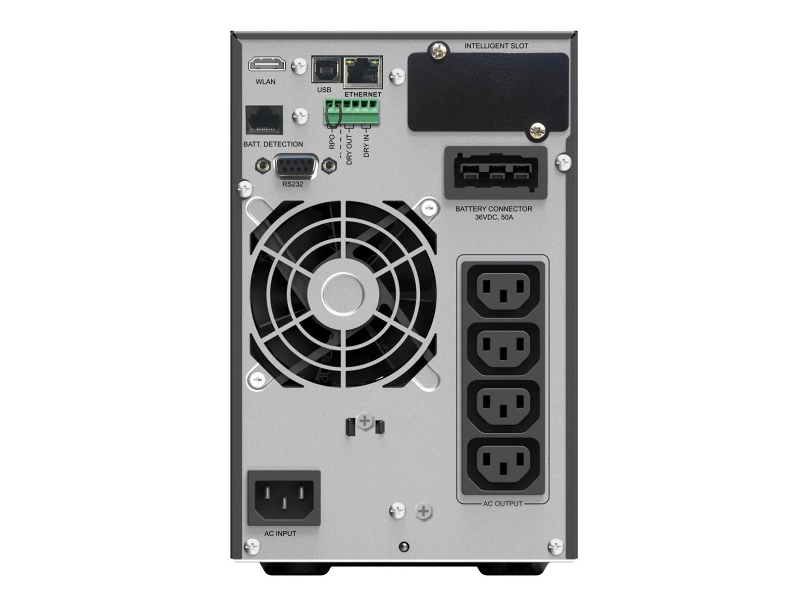 Rückseite eines schwarzen Servers mit mehreren Anschlüssen, Lüfter und Steckdosen auf Weiß.