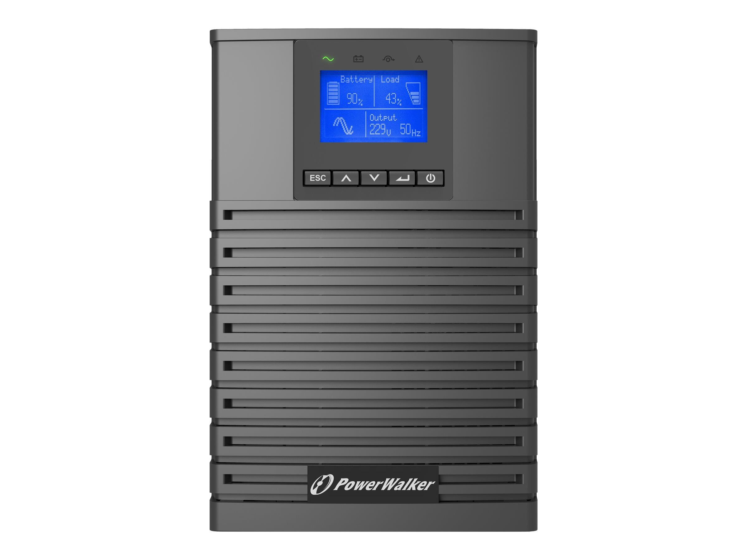 Schwarze PowerWalker USV. Es hat einen Bildschirm, der Batterie- und Ausgangsinformationen anzeigt.