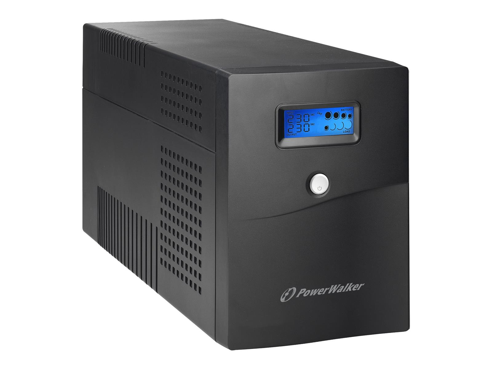 Schwarze Stromversorgungseinheit mit Digitalanzeige. Ein Knopf und das PowerWalker-Logo sind sichtbar.