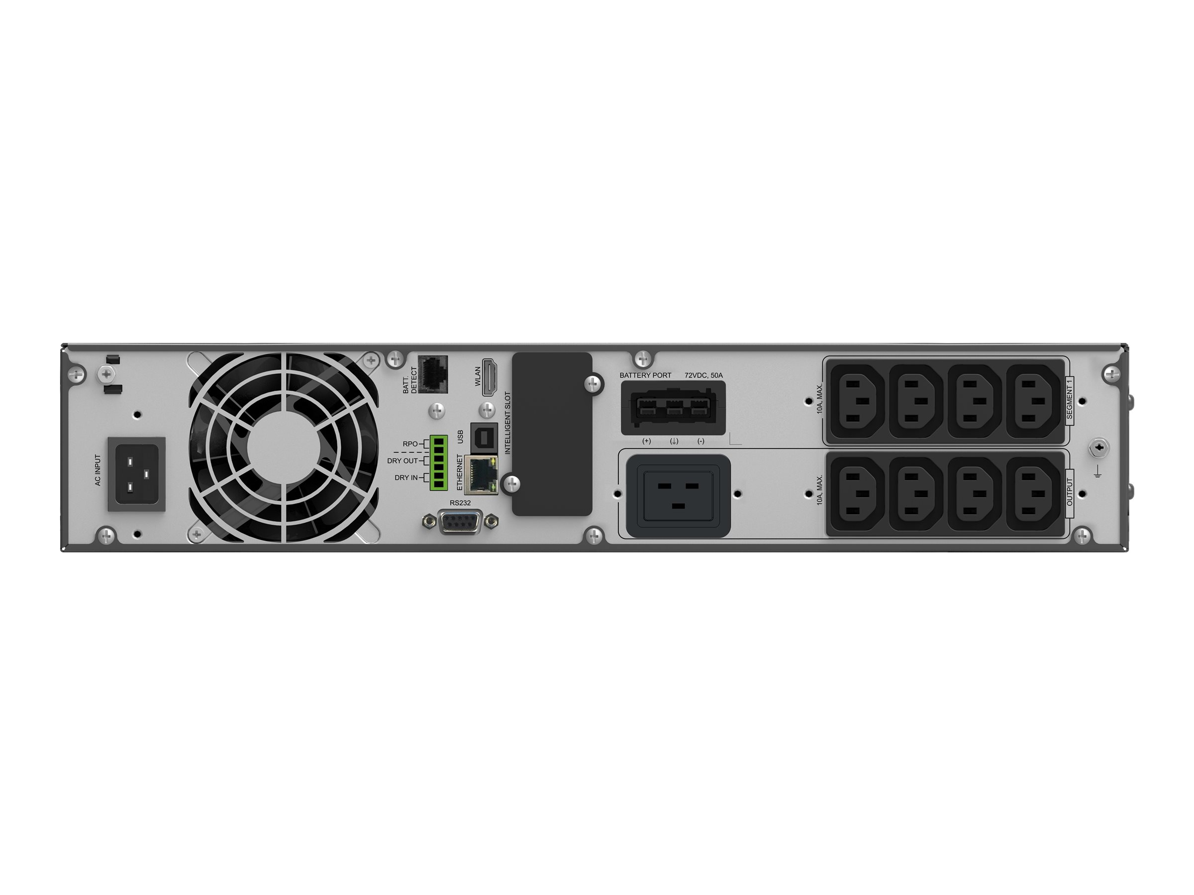 Rückseite eines schwarzen Servers mit Lüfter, Steckdosen und verschiedenen Anschlüssen.