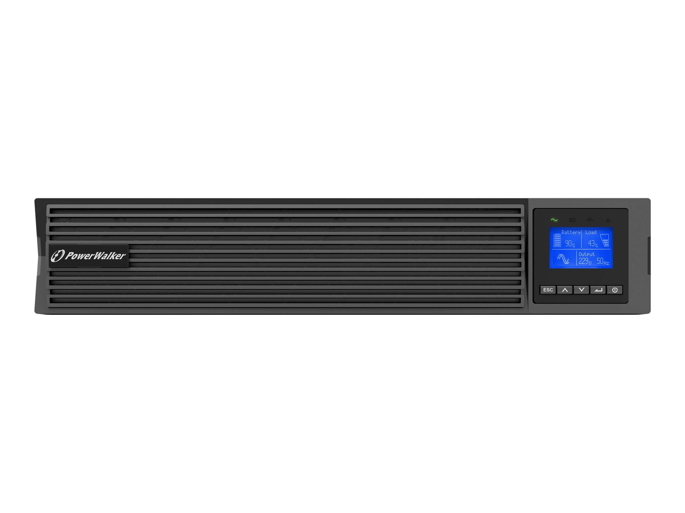 Schwarzes USV-Gerät mit blauem Display und PowerWalker-Logo.