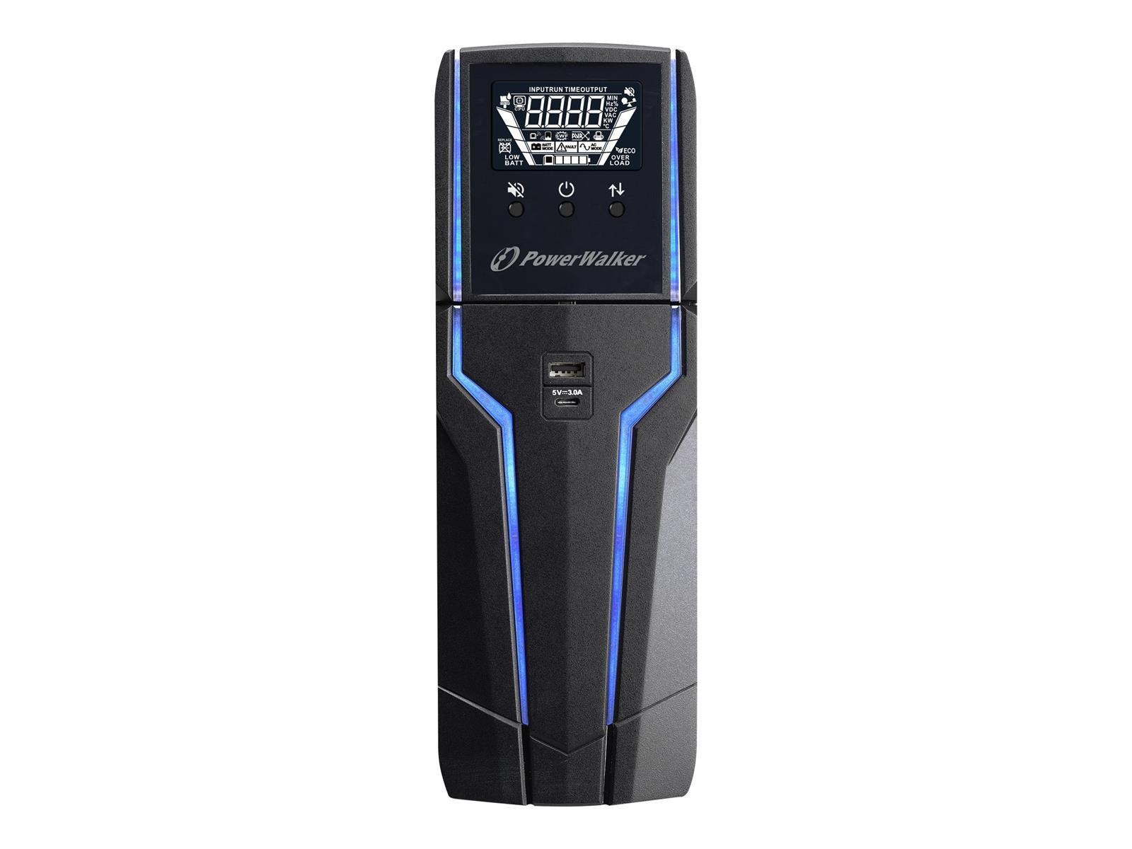 Schwarze und blaue PowerWalker USV. Digitalanzeige, PowerWalker-Logo und Anschlüsse.