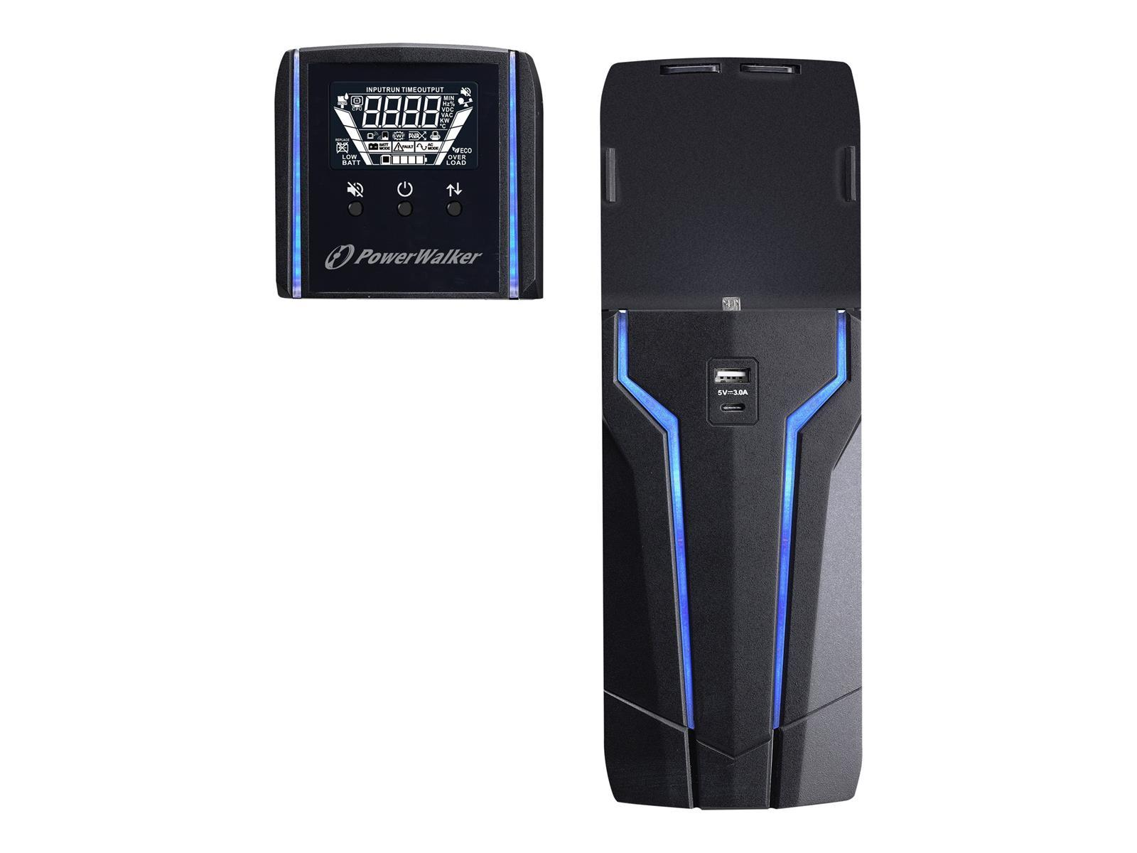 PowerWalker USV-Gerät. Schwarz mit Digitalanzeige und blauen Lichtern. Zwei Teile, vorne und hinten.