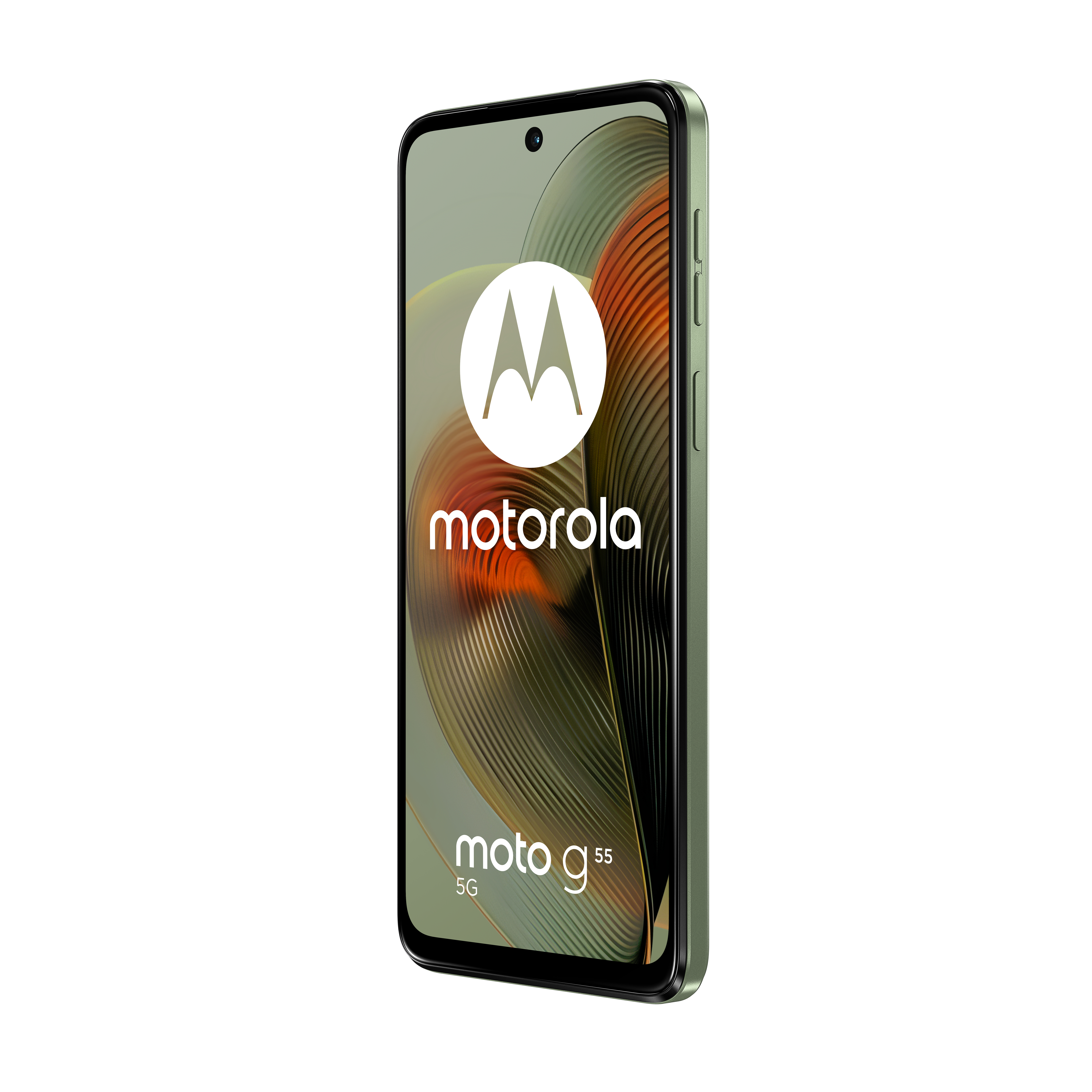 Zielony telefon Motorola Moto G55 5G z białym logo Motorola. Białe tło.