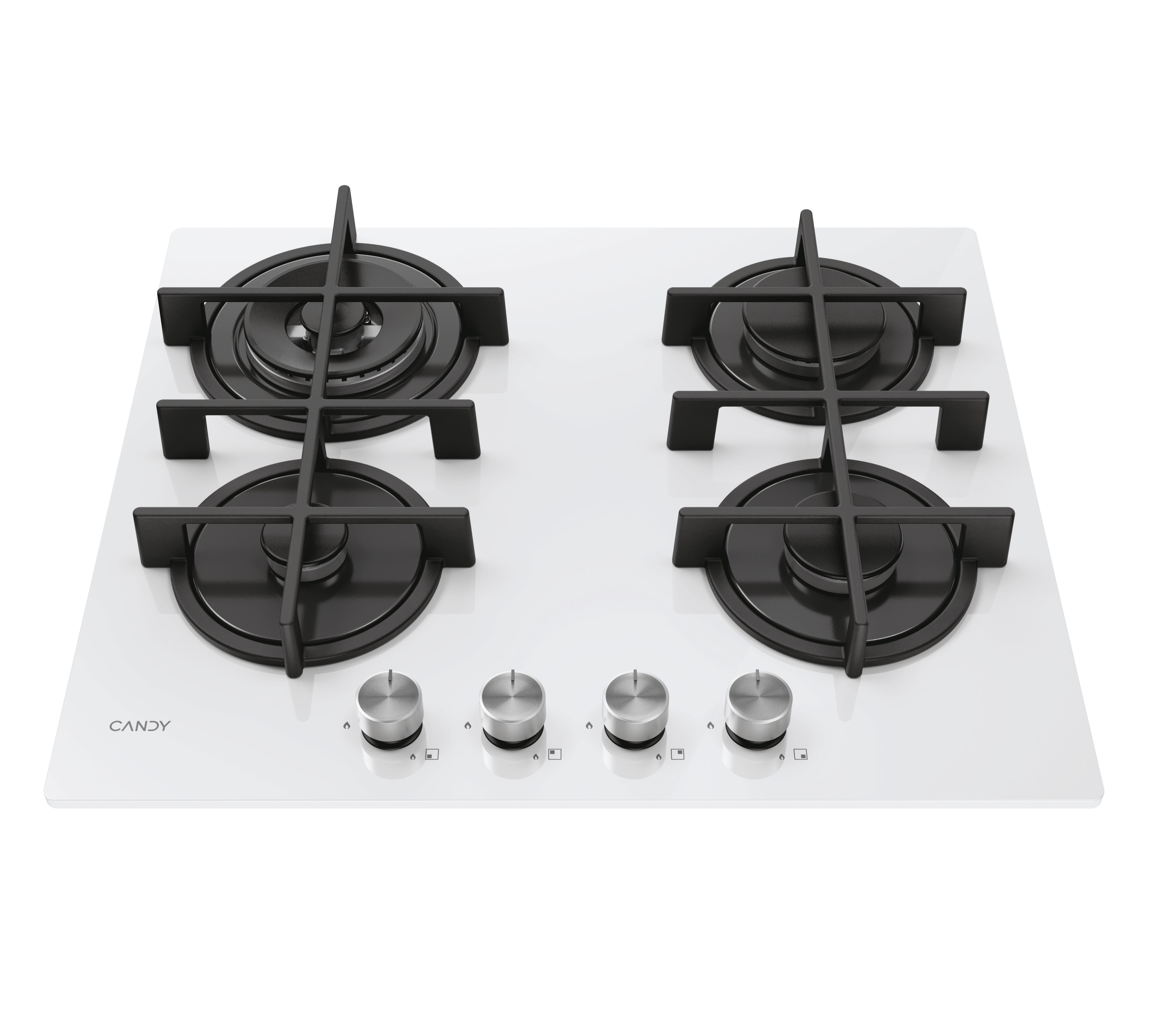 Biała płyta gazowa Candy z czterema palnikami, czarnymi rusztami i pokrętłami. Widoczne logo Candy.