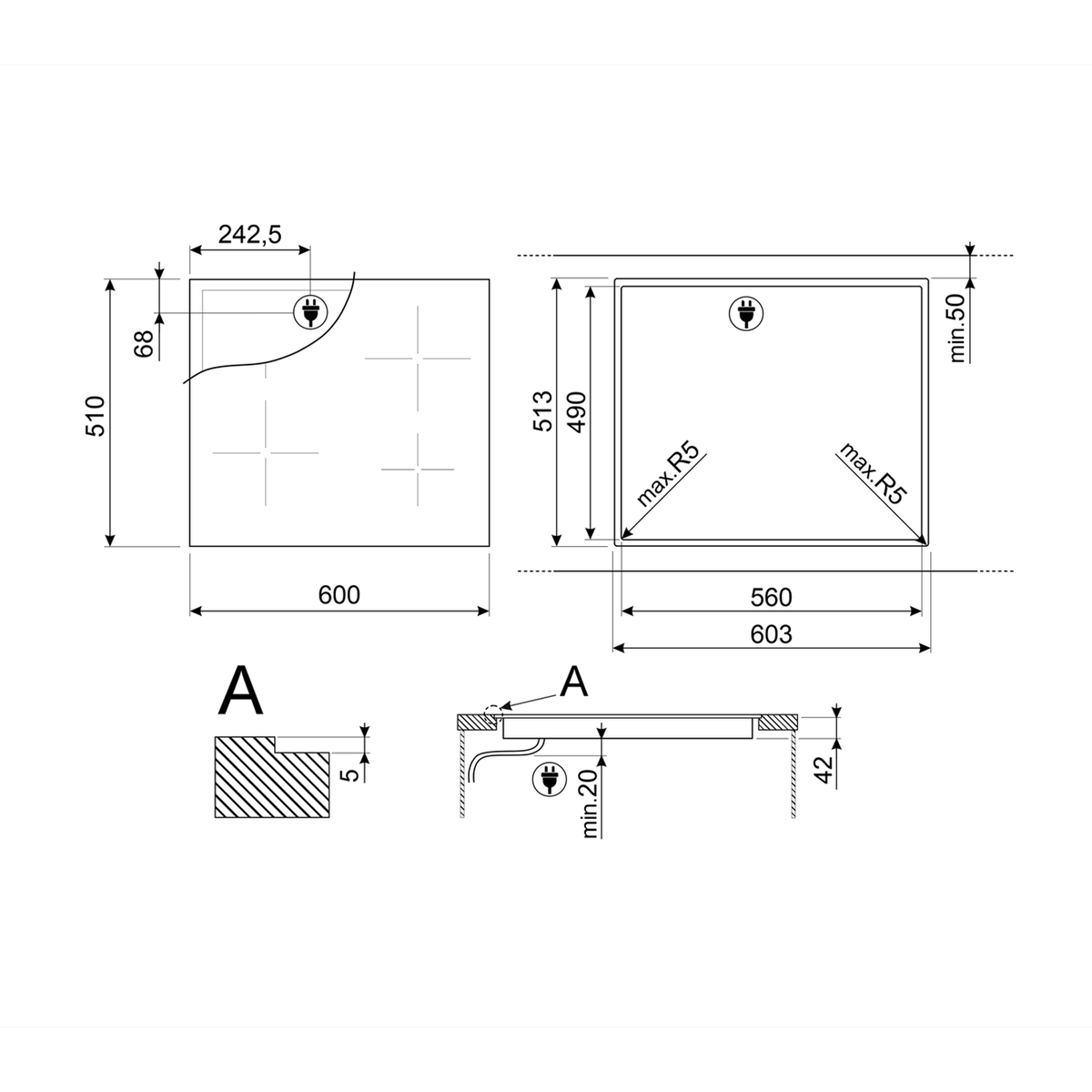 Dibujo técnico de una encimera con dimensiones y etiquetas.