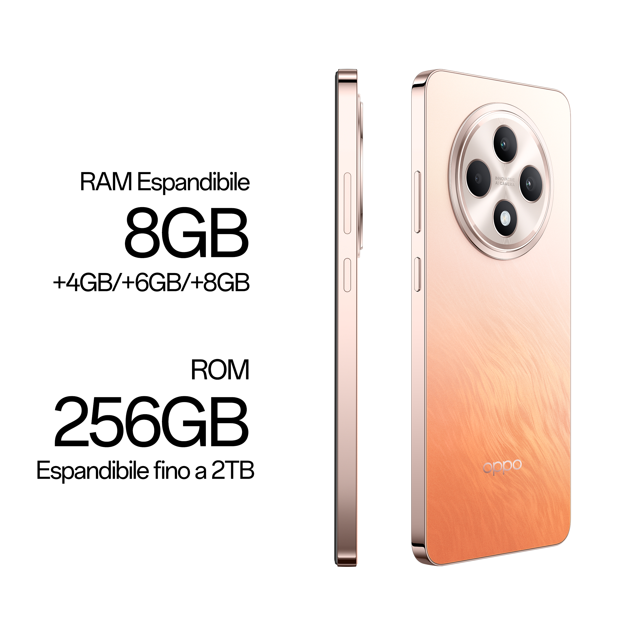 Ein roségoldenes Telefon, RAM/ROM-Spezifikationen sind aufgeführt. Das Telefon wird von der Seite und hinten betrachtet.