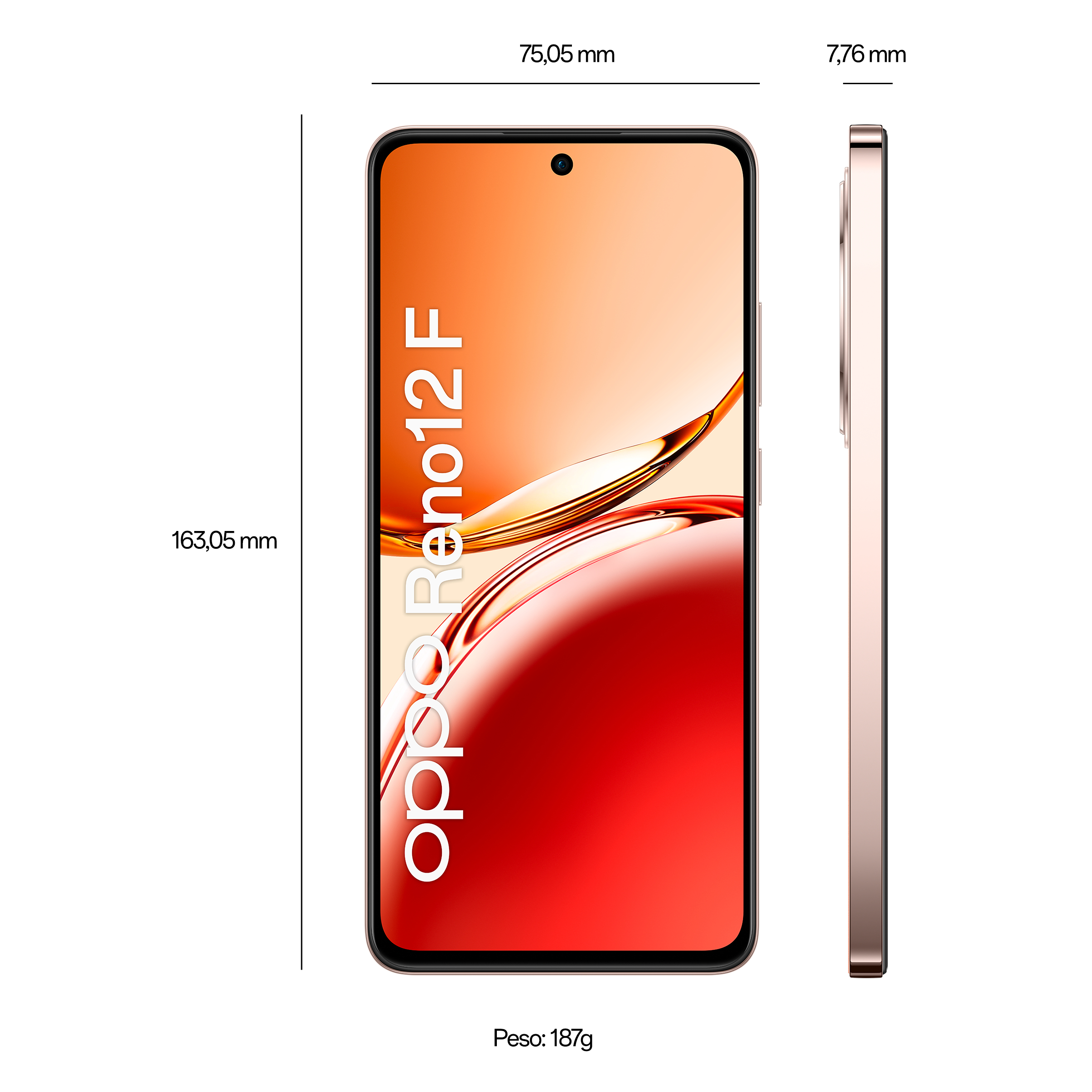 Roségoldenes Smartphone mit Oppo Reno12 F Logo. Maße und Gewicht auf weißem Hintergrund.