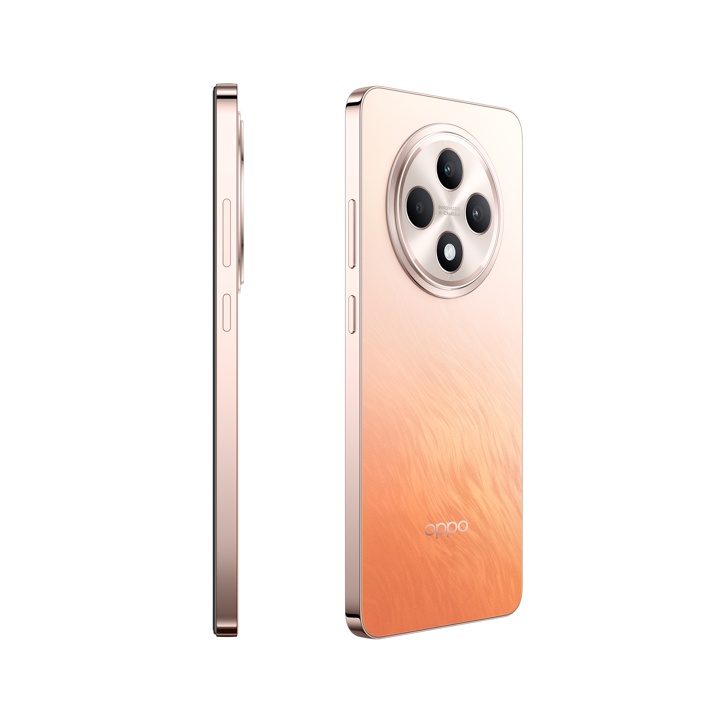 Zwei Ansichten eines roségoldenen Smartphones mit Dreifach-Kamera.