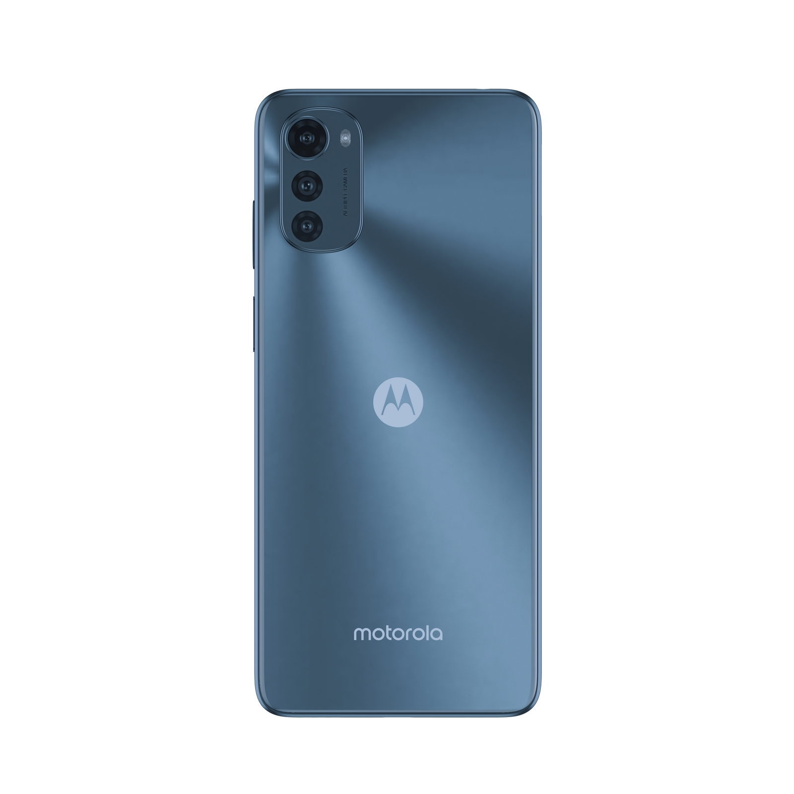 Smartphone Motorola blu, vista posteriore. Configurazione a tripla fotocamera, logo Motorola.