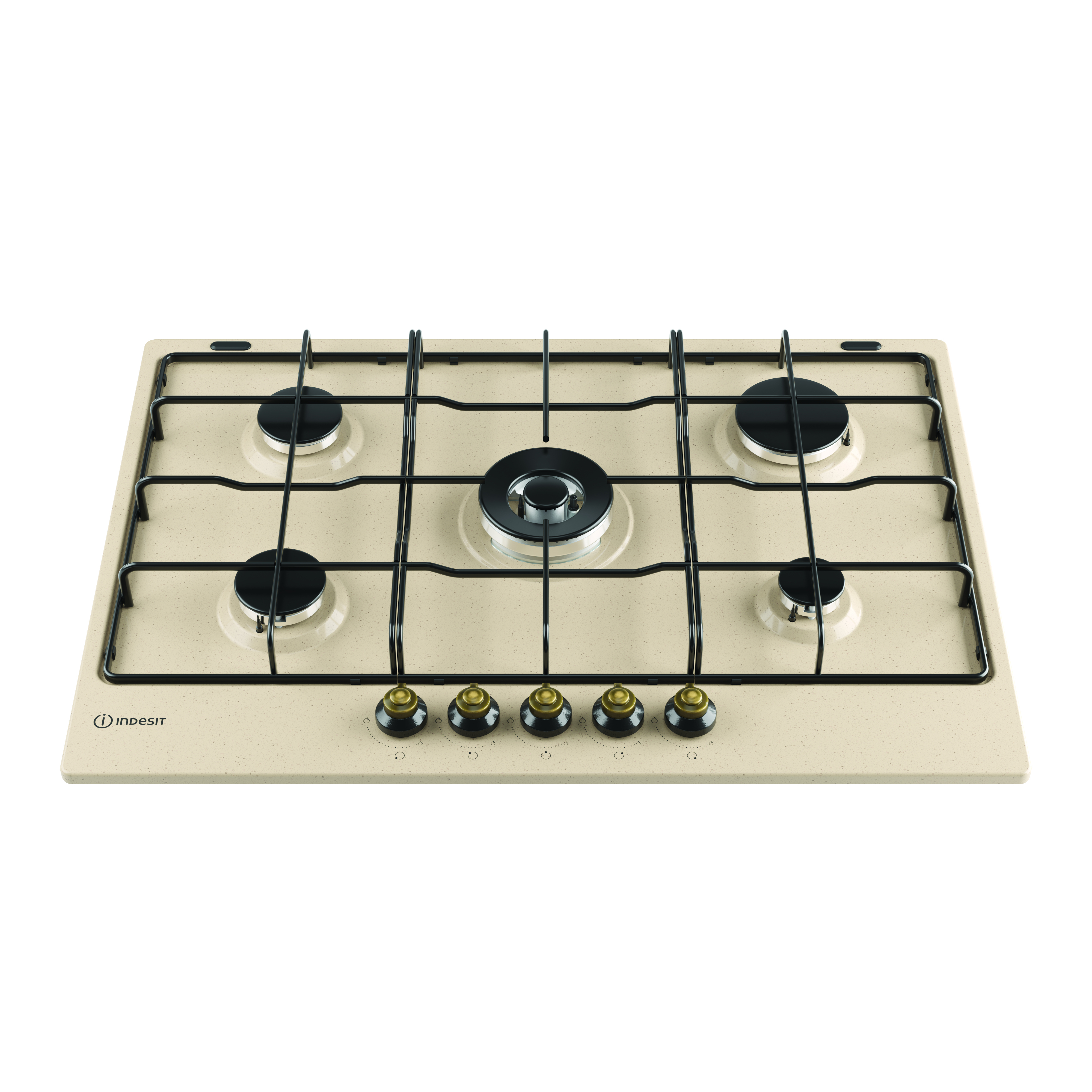 Kremowa kuchenka gazowa z pięcioma palnikami. Czarny ruszt i pokrętła. Białe tło.