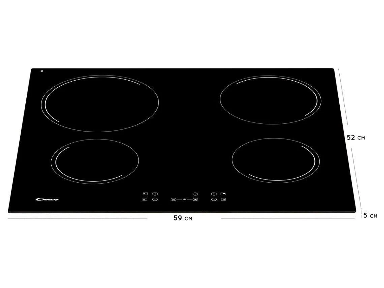 Czarna kuchenka elektryczna z czterema palnikami i przyciskami sterowania. Pokazano wymiary.
