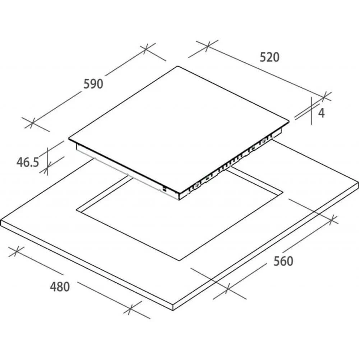 Rysunek techniczny płyty grzewczej z wymiarami i wymiarami wycięcia w otoczeniu kuchennym.