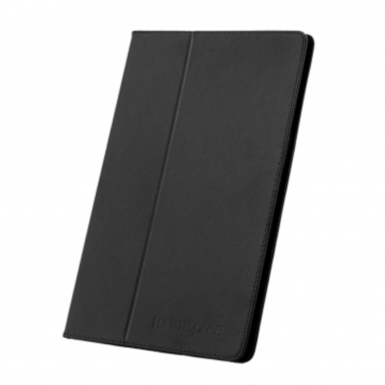 Czarny futerał na tablet z otwartą konstrukcją. Widoczna jest nazwa marki HANNSPIREE.