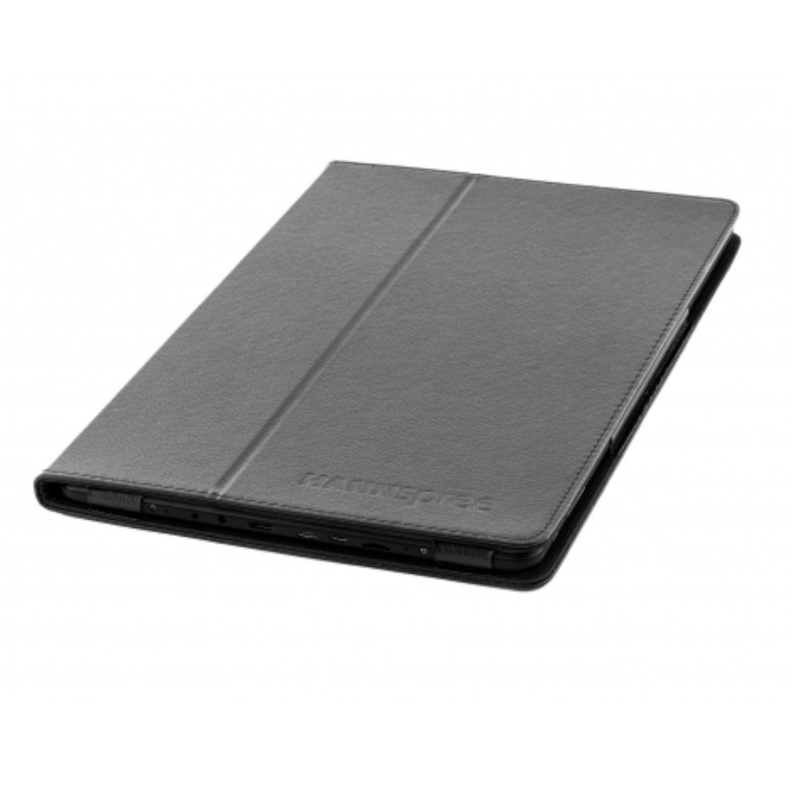 Czarny futerał na tablet, złożony i zamknięty, z marką 'HANNS'.