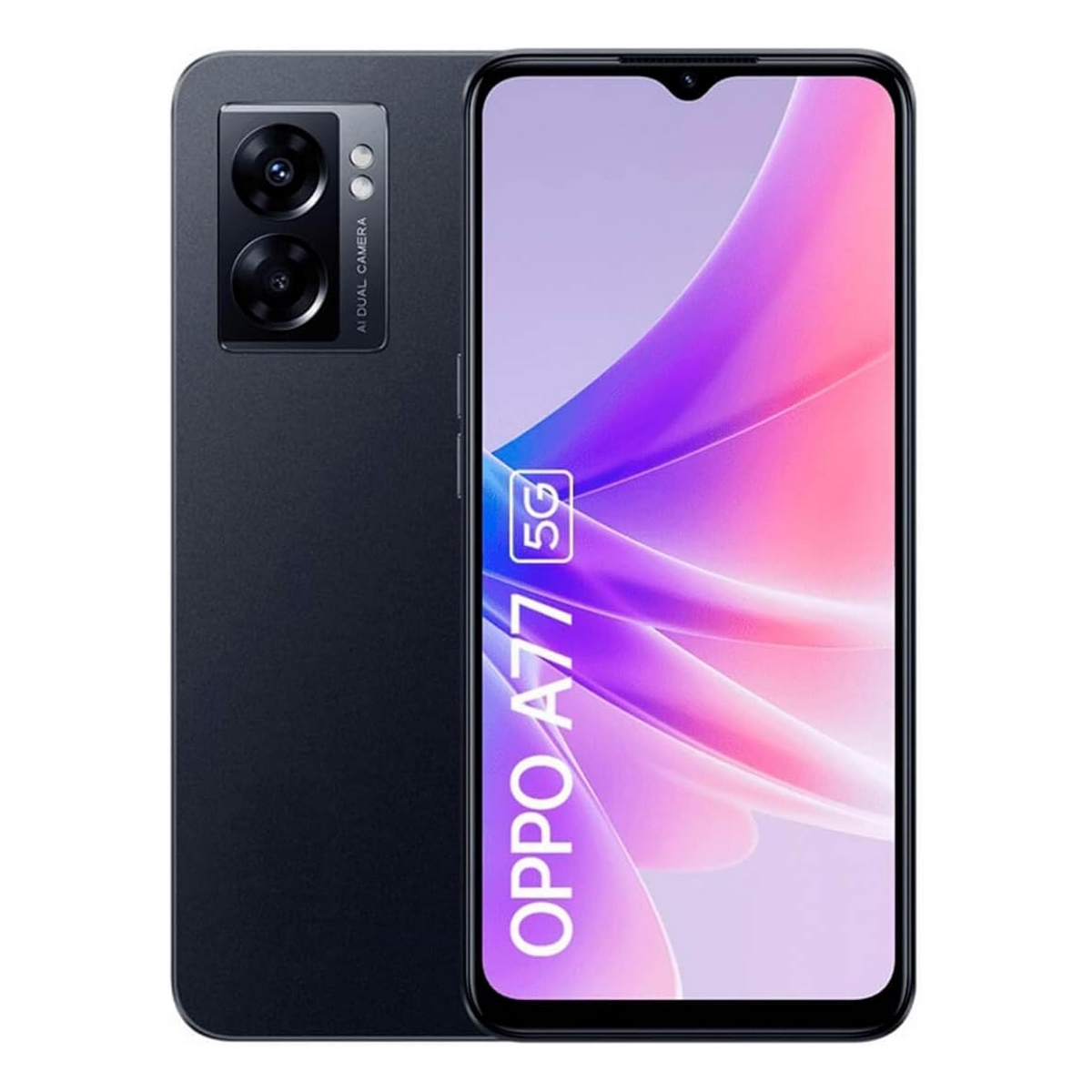 Schwarzes OPPO A77 5G Smartphone, Rück- und Vorderansicht. Bildschirm zeigt einen pink-lila Farbverlauf.