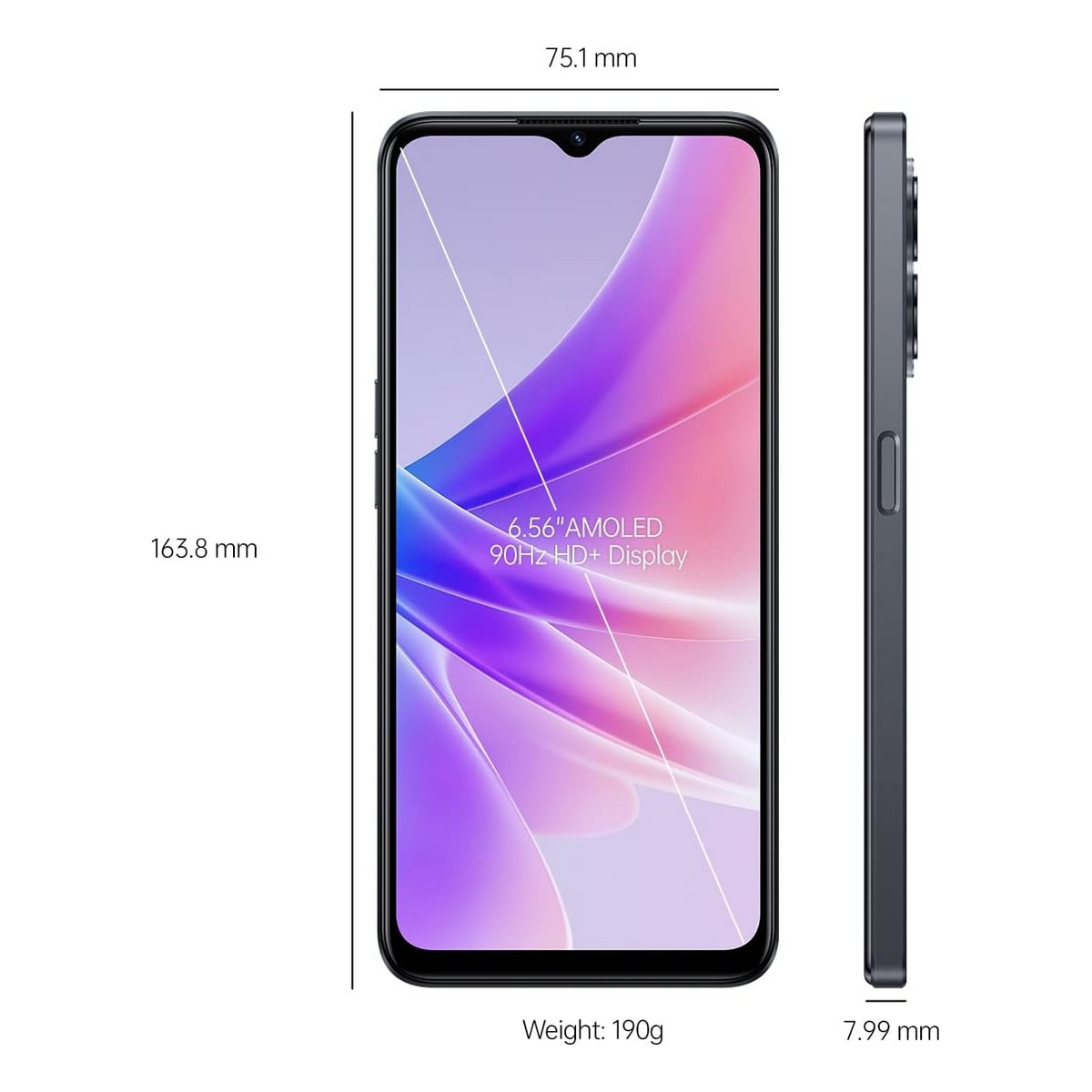 Smartphone mit Vorder- und Seitenansicht, Abmessungen und Spezifikationen.