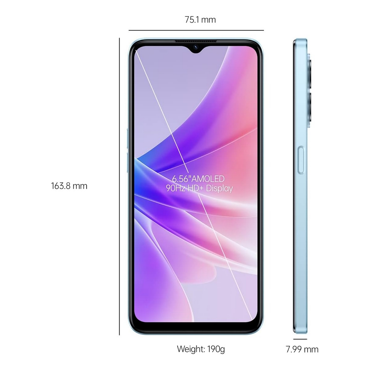 Ein hellblaues Smartphone, mit angegebenen Abmessungen, vor weißem Hintergrund.