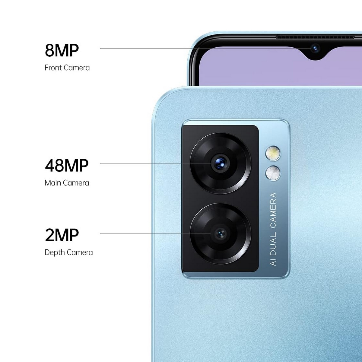Rückansicht eines blauen Telefons. Merkmale: 8MP Frontkamera, 48MP Hauptkamera, 2MP Tiefenkamera. Markierte AI Dualkamera.