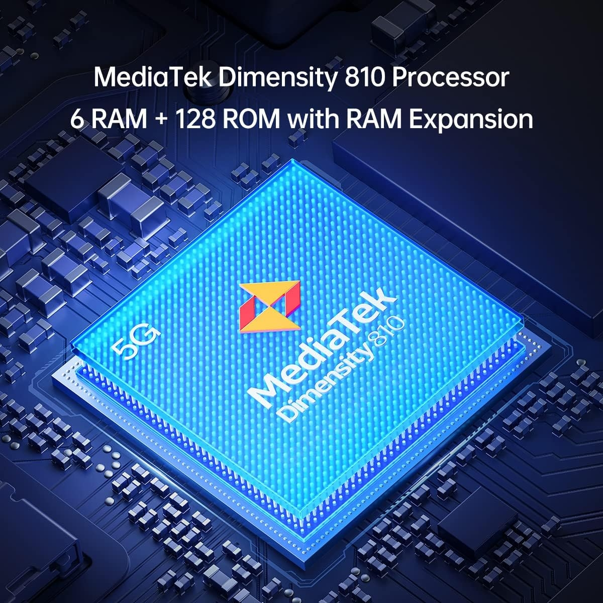 Blauer Prozessor mit Text 'MediaTek Dimensity 810' und '6 RAM + 128 ROM'.