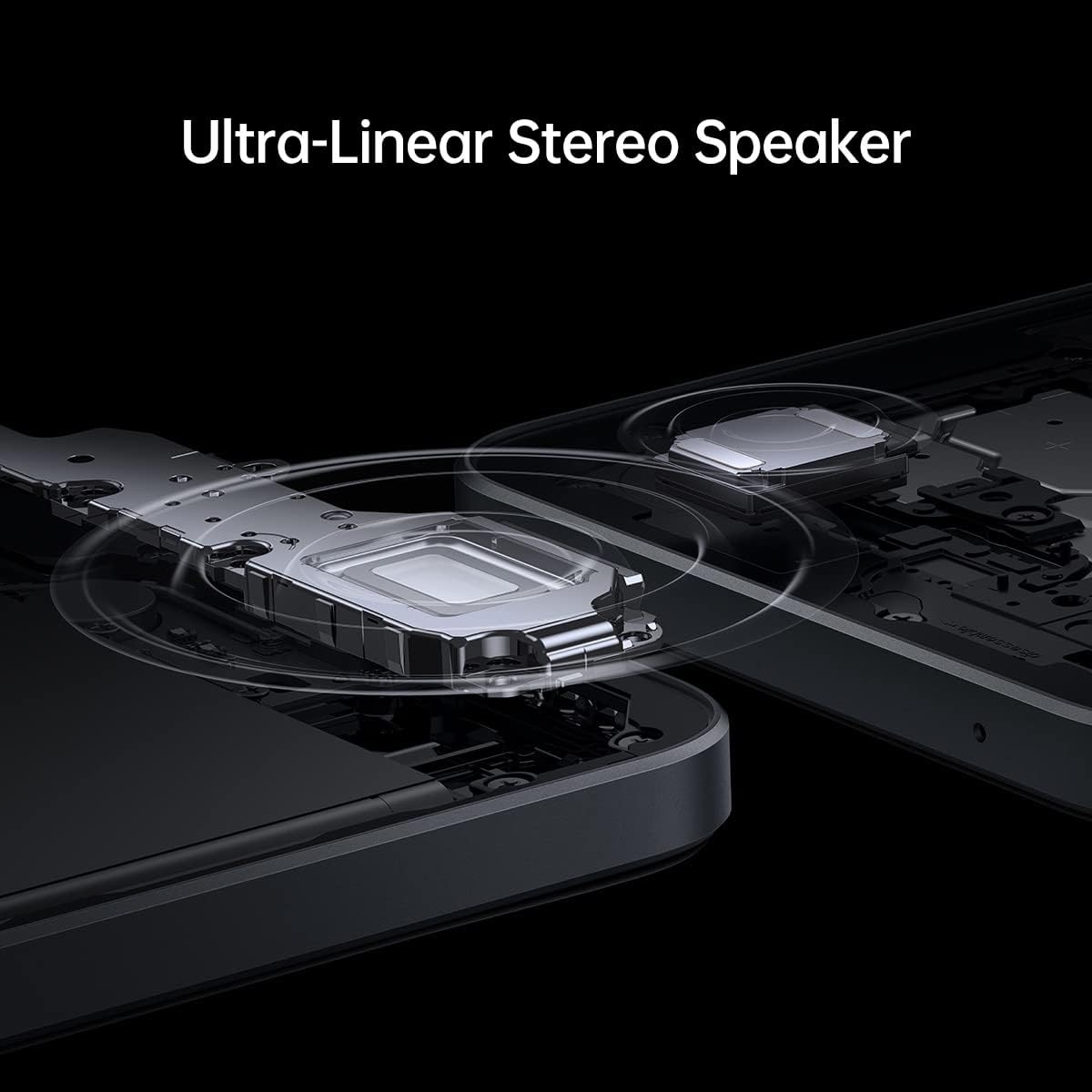 Nahaufnahme von Telefonkomponenten mit Lautsprecherdetail. Text oben lautet Ultra-Linear Stereo Speaker.