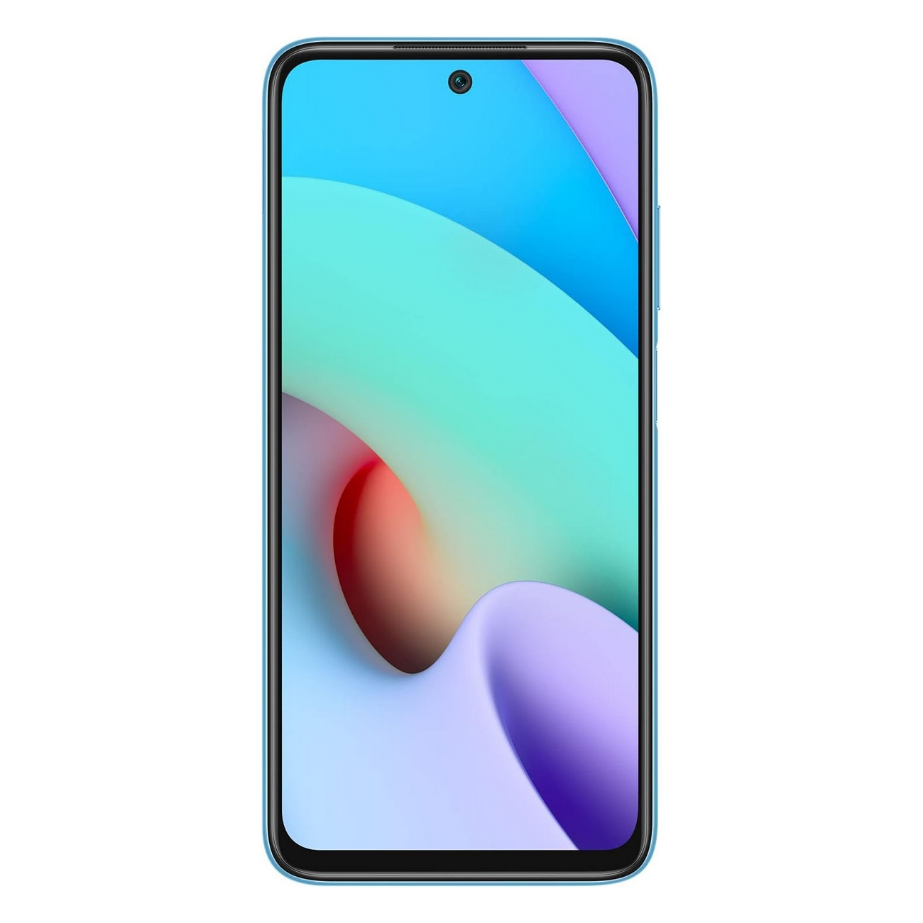 Uno smartphone blu con schermo curvo su sfondo bianco.