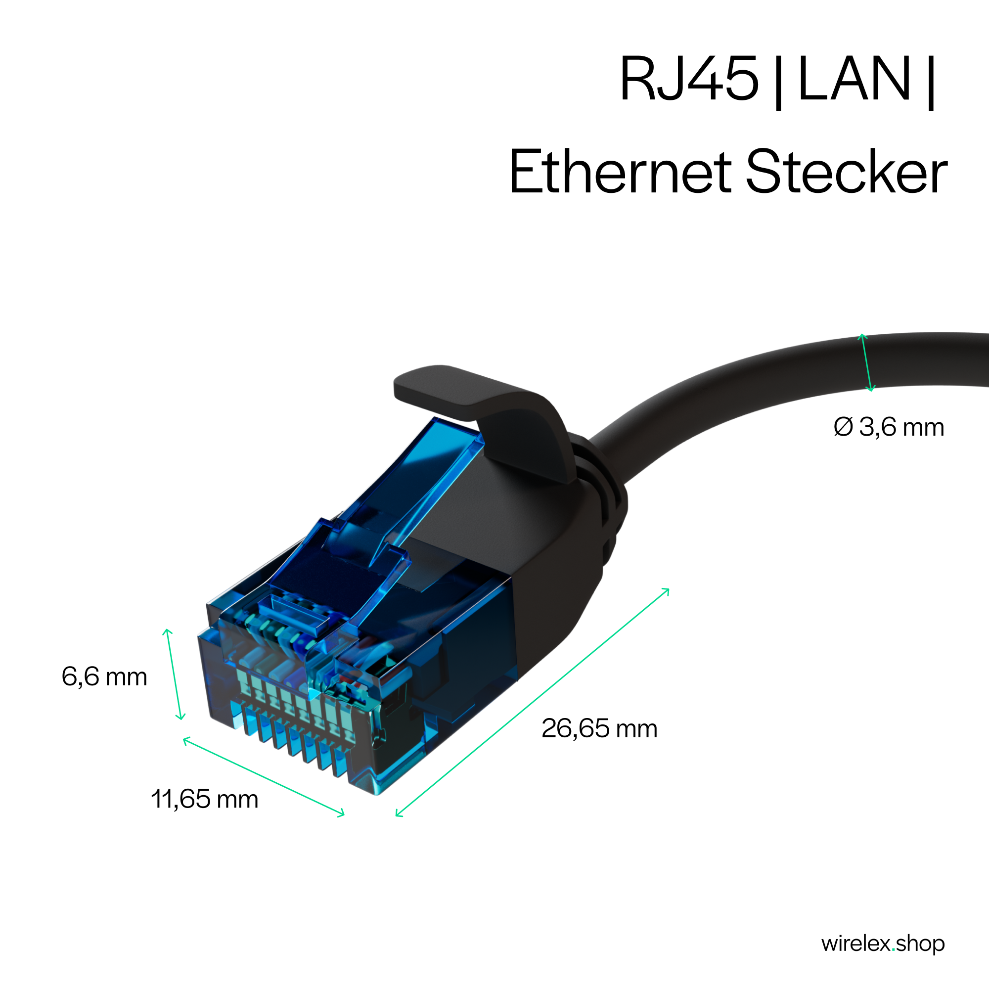 RJ45-Ethernet-Stecker mit blauem und schwarzem Kunststoff. Maße in mm sind angegeben.