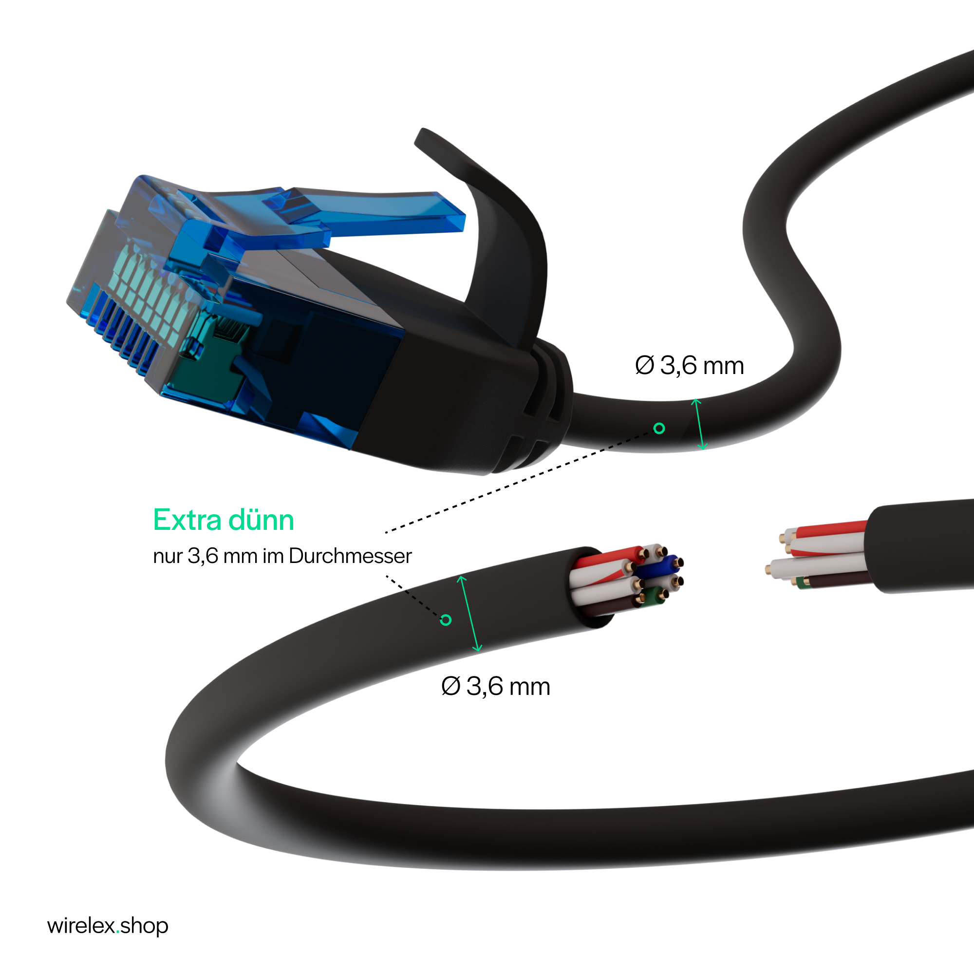 Netzwerkkabel mit RJ45-Stecker und aufgeschnittener Abschnitt mit Innenleitungen.