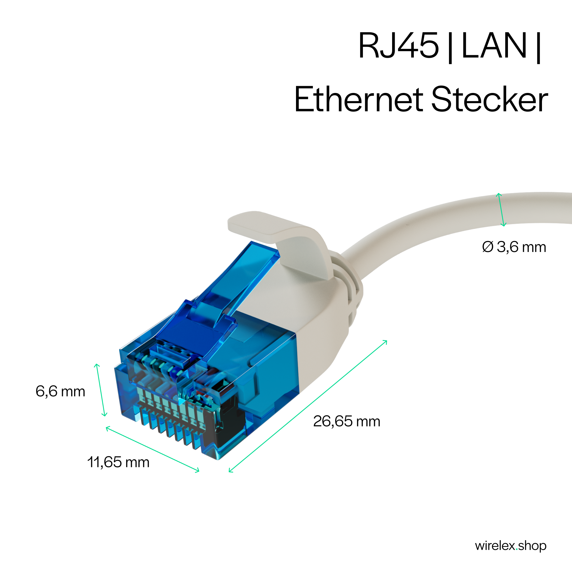 Weißer RJ45/LAN Ethernet-Stecker. Abmessungen werden angezeigt. Weißer Hintergrund.