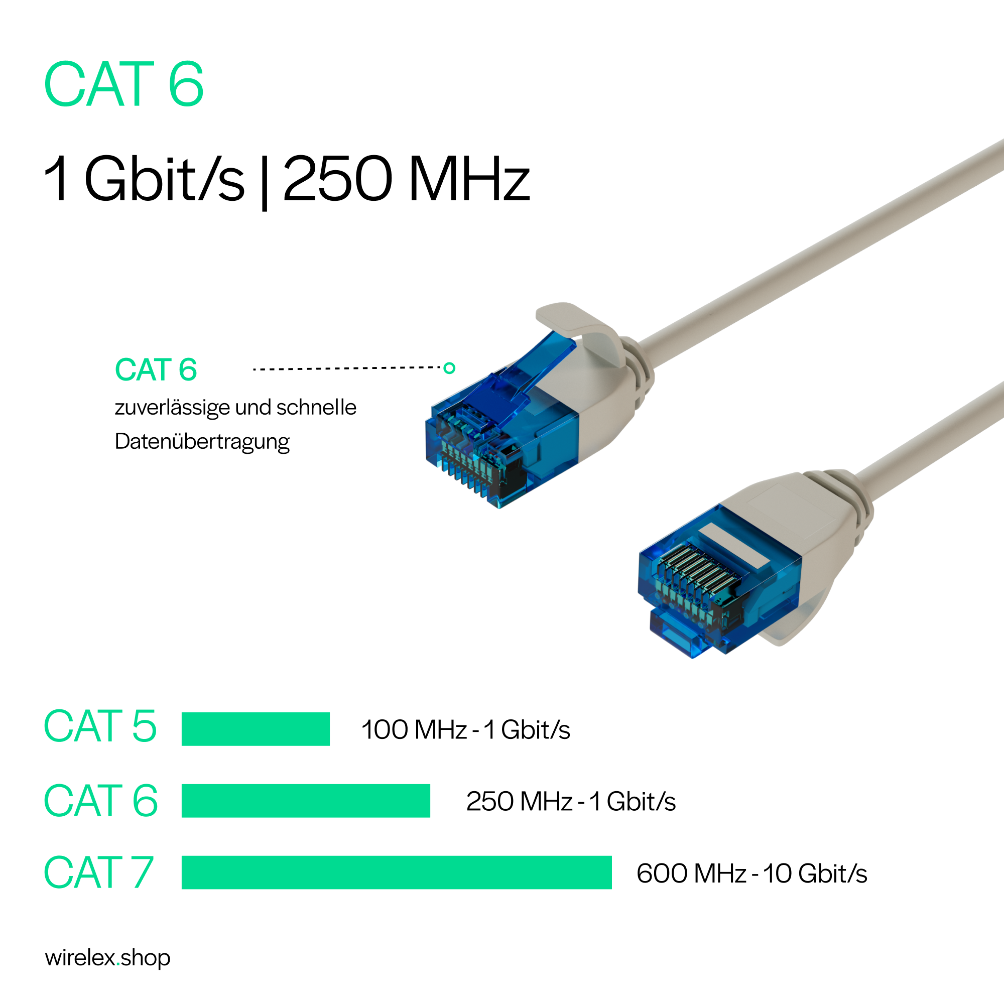 Nahaufnahme von zwei Netzwerkkabeln mit blauen Steckern, neben Text über Cat 6, Cat 5 und Cat 7.