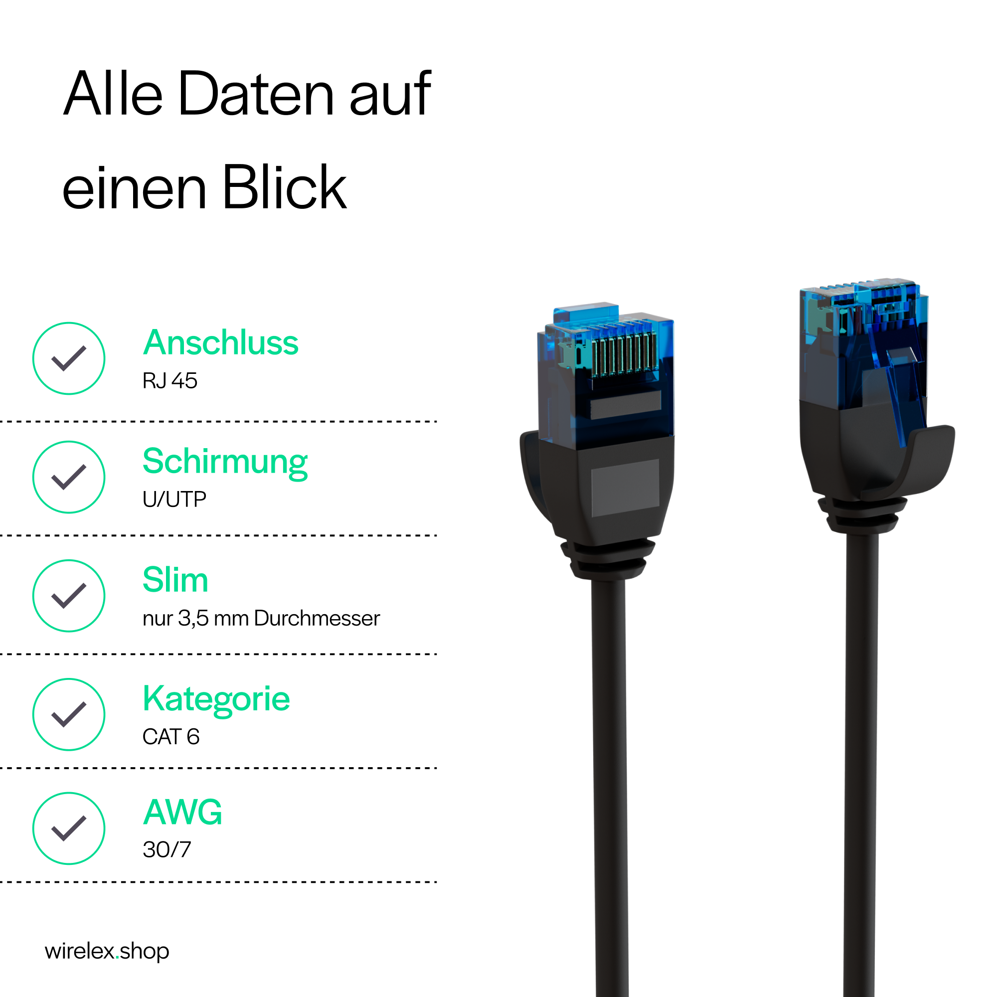 Zwei schwarze Ethernet-Kabel mit Steckern, Text und Häkchen, weißer Hintergrund.