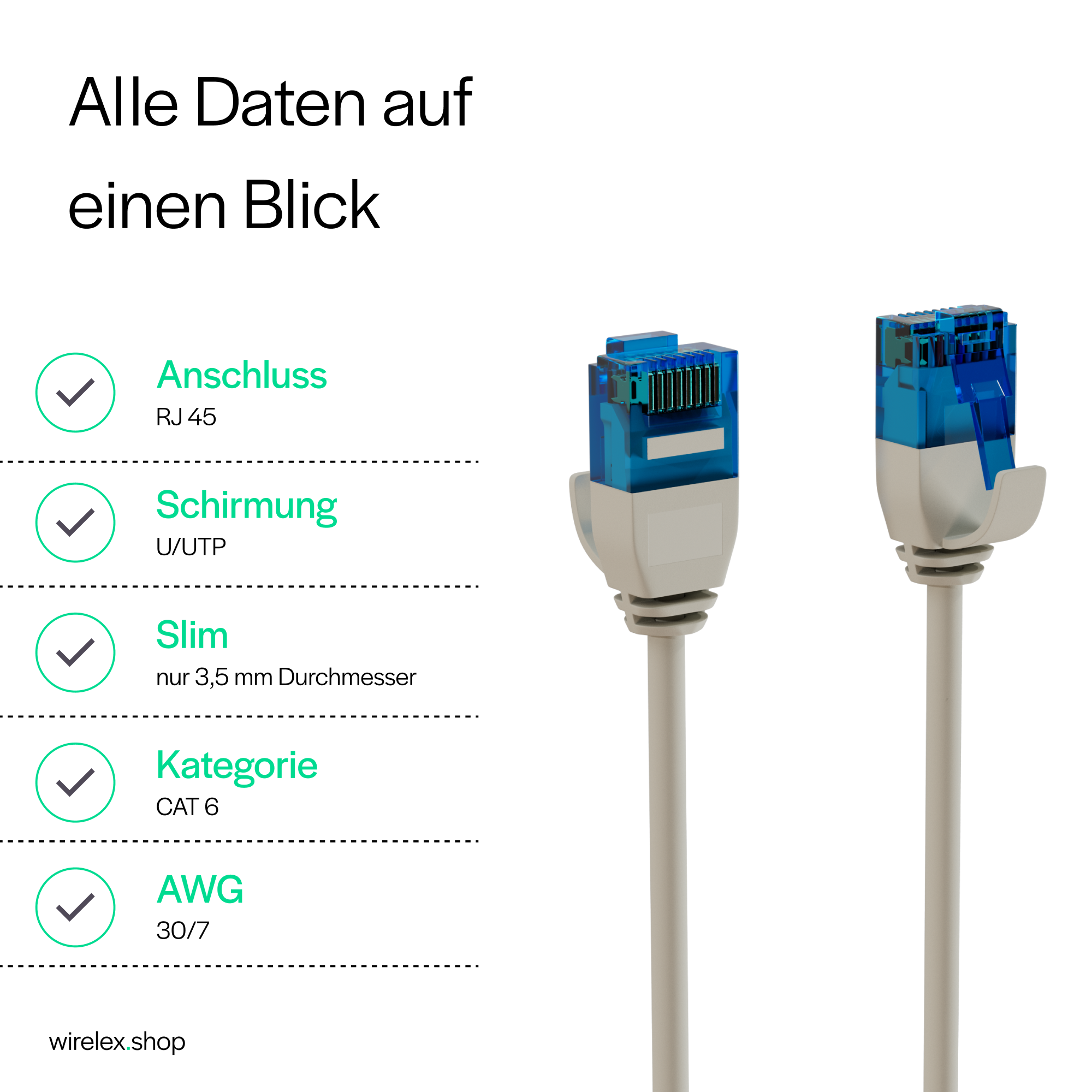 Zwei Netzwerkkabel mit blauen Steckern. Text mit technischen Daten vorhanden.