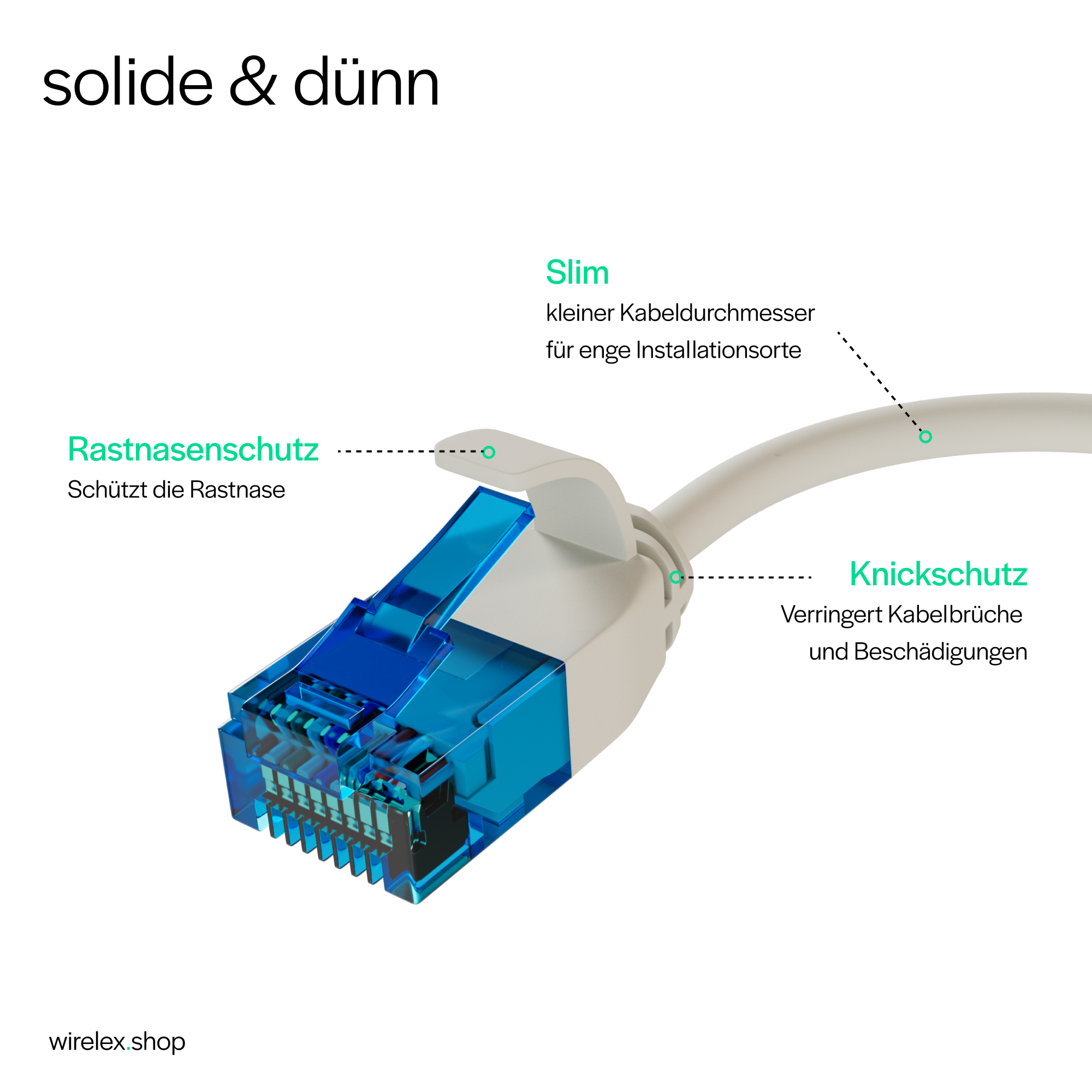 Ein blau-weißer Ethernet-Kabelanschluss. Das Kabel ist weiß und mit Text beschriftet.