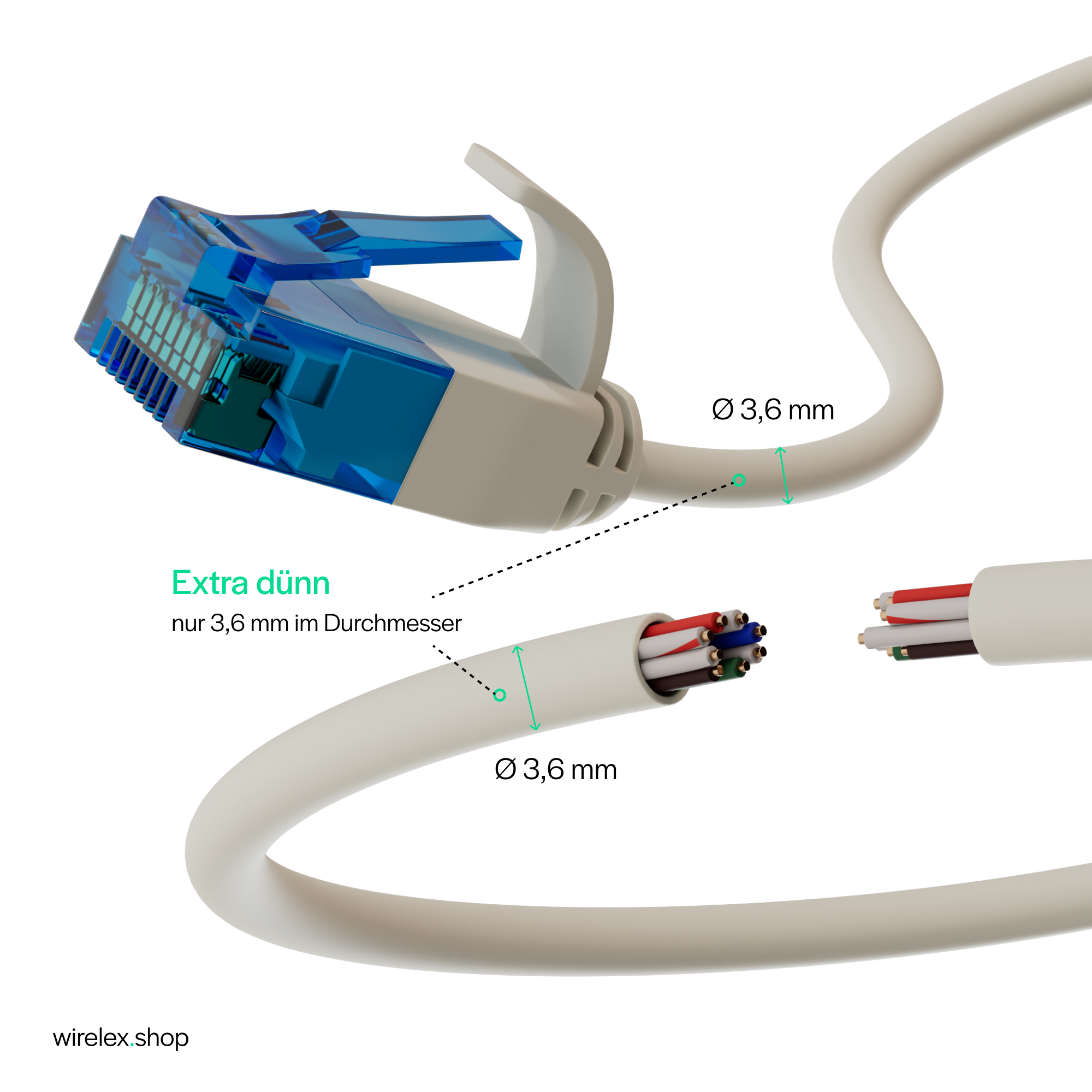 Schnitt eines weißen Ethernet-Kabels mit farbigen Drähten und blauem Stecker.
