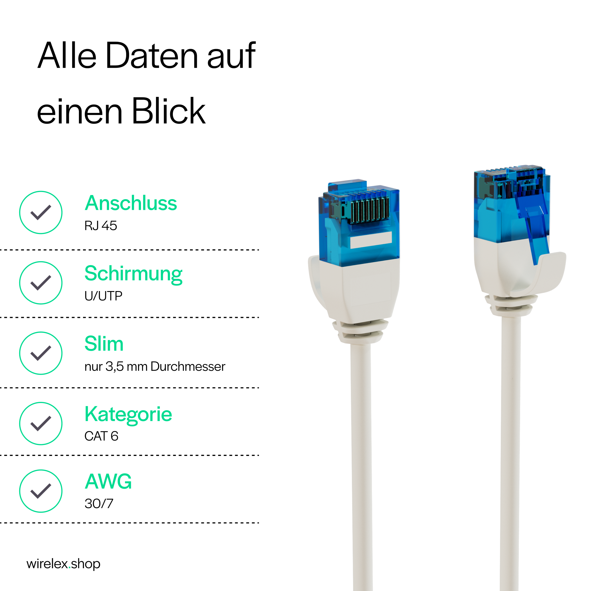 Zwei Netzwerkkabel mit blauen Steckern. Text mit technischen Daten vorhanden.