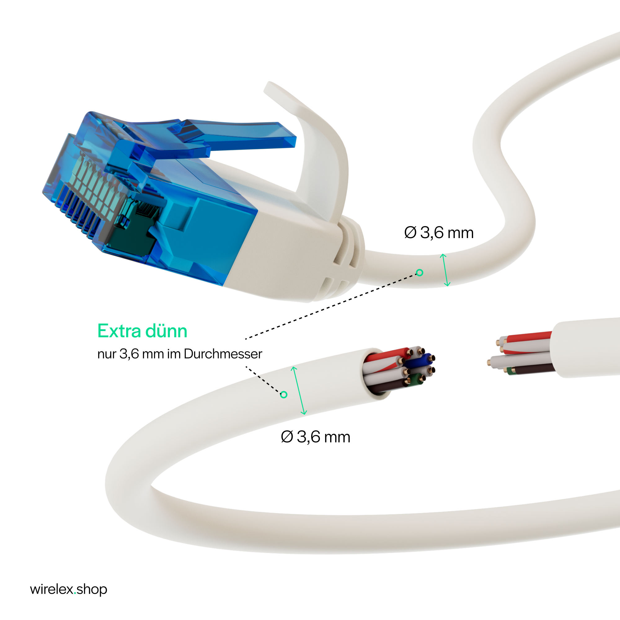 Netzwerkkabel mit blauem Stecker, aufgeschnitten, weiße Drähte, weißer Hintergrund.
