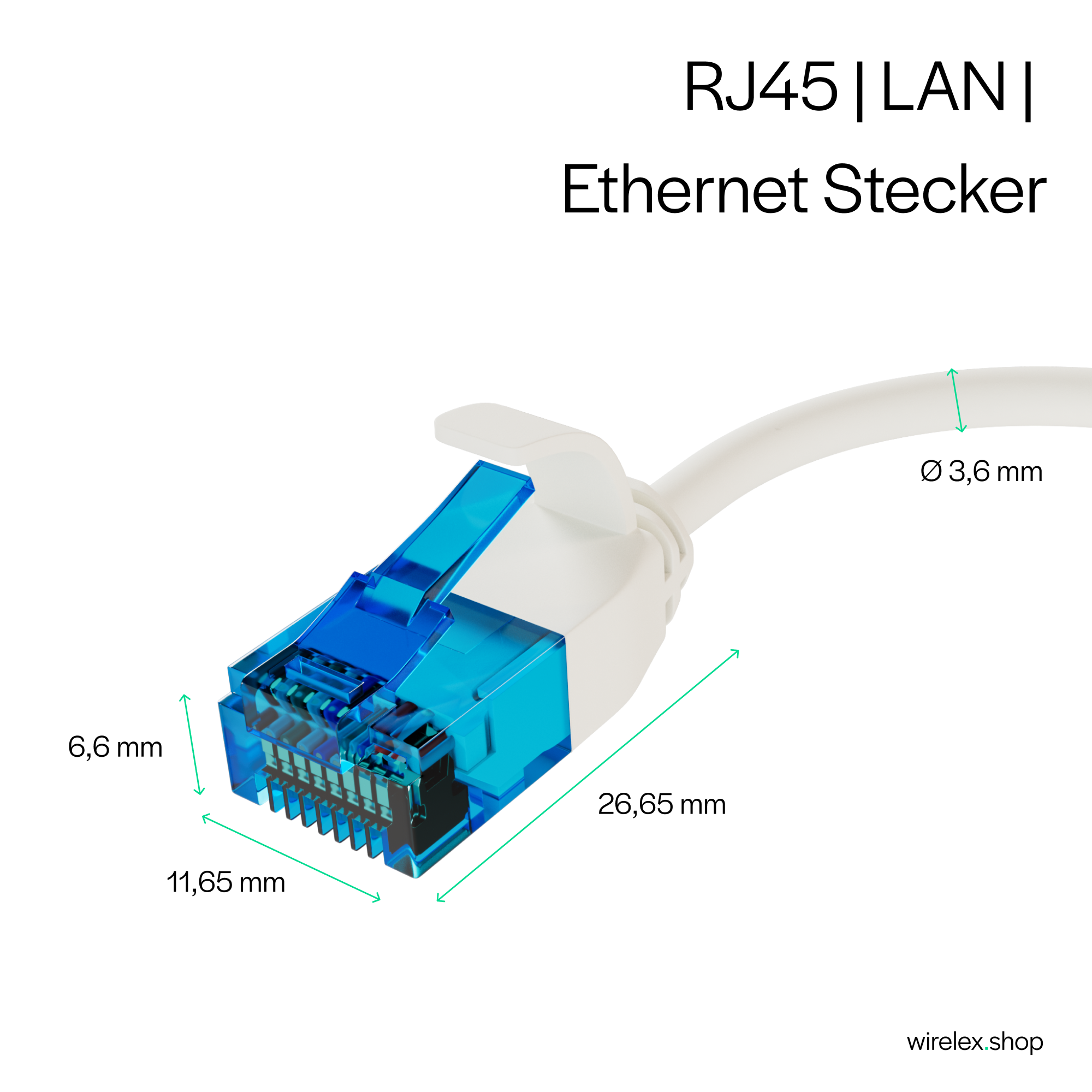 Ein weißes Ethernet-Kabel mit blauem Stecker und den angegebenen Abmessungen: 6,6 mm, 11,65 mm, 26,65 mm und 3,6 mm.